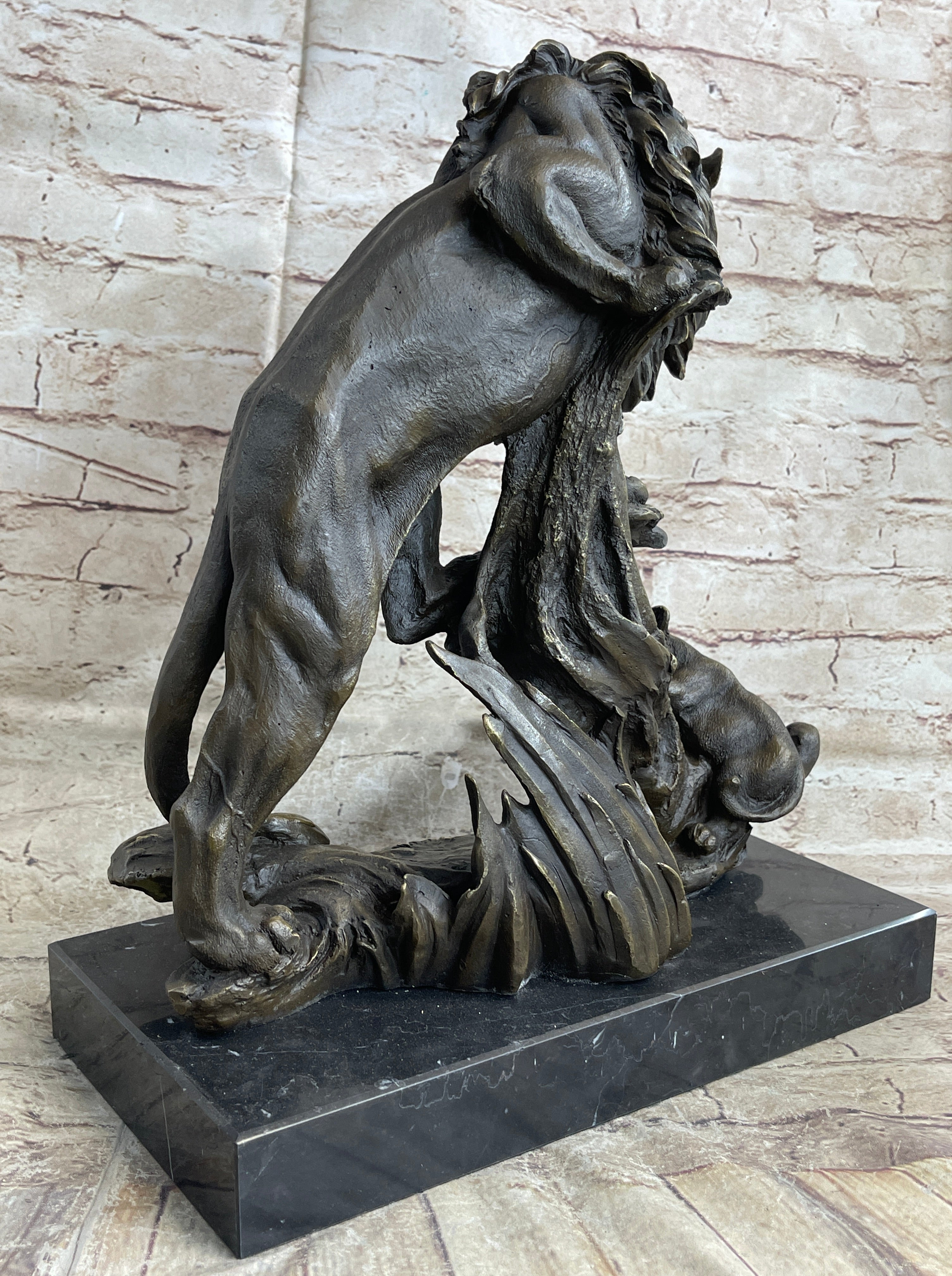 Male Lion w/ Cub Bronze Sculpture 14" x 12" Barye