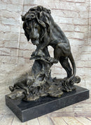 Male Lion w/ Cub Bronze Sculpture 14" x 12" Barye