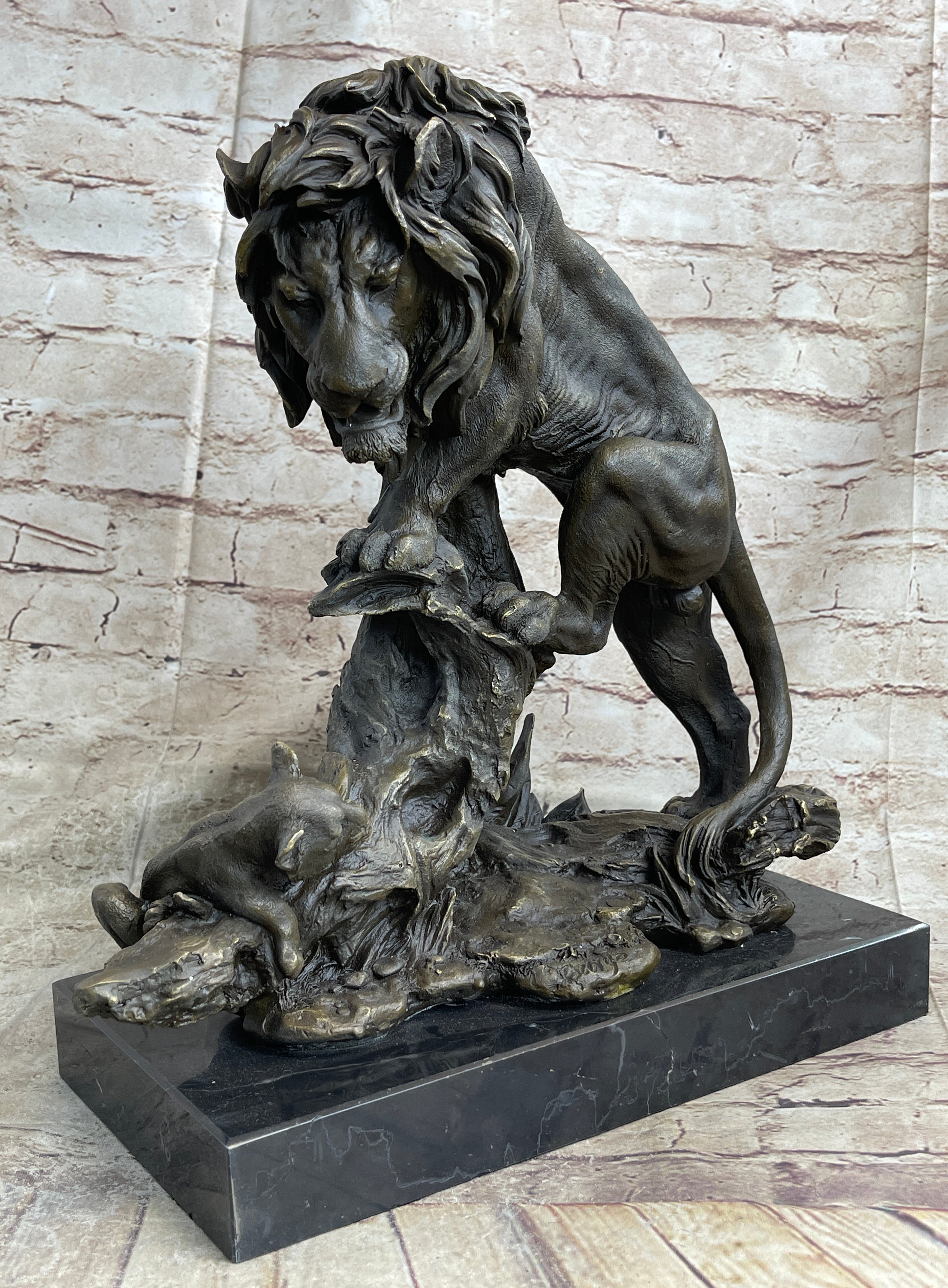 Male Lion w/ Cub Bronze Sculpture 14" x 12" Barye