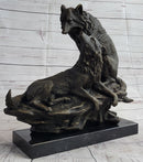 Two Wolves Wolf Family Bronze Metal Sculpture 14" x 14"