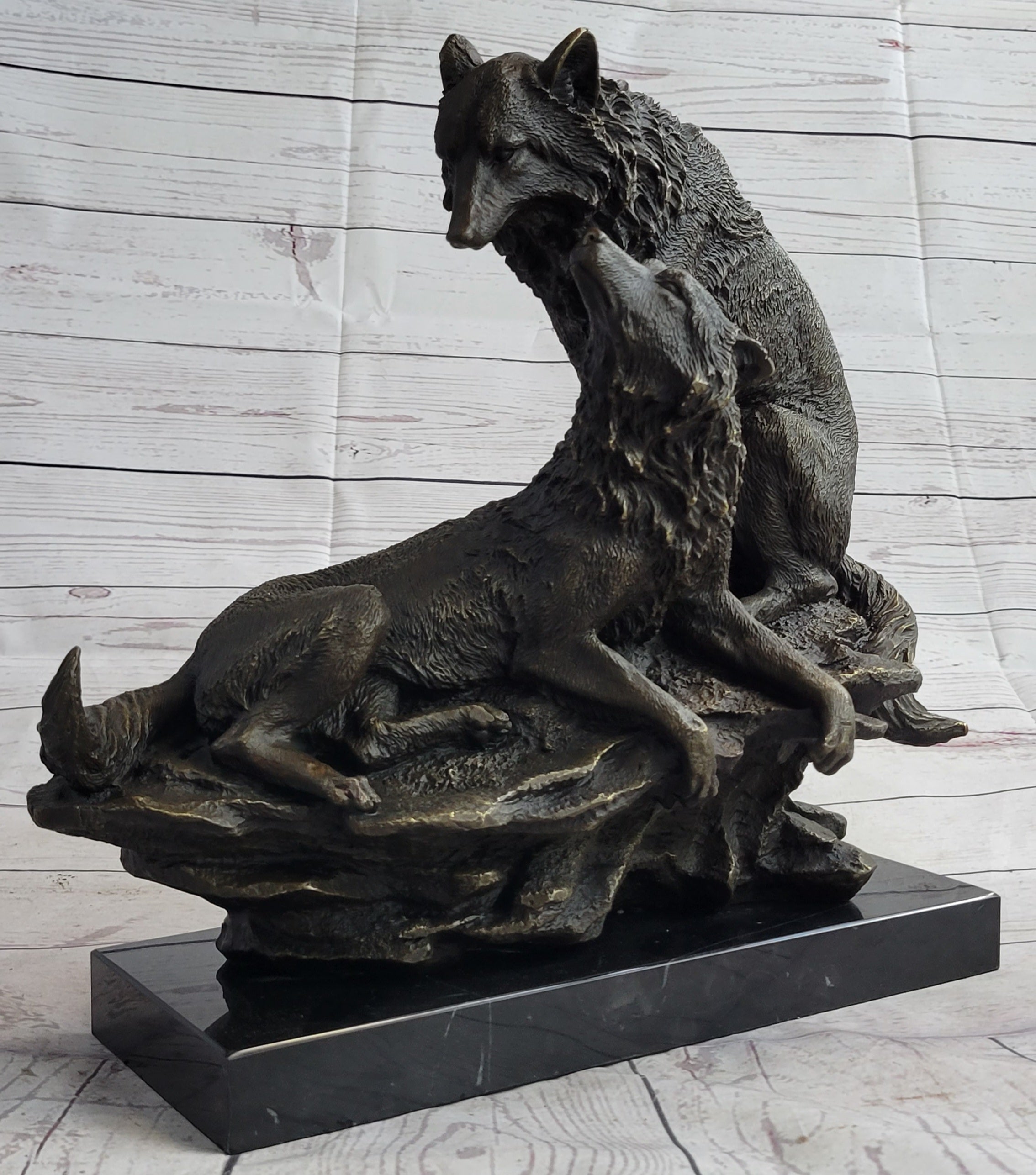 Two Wolves Wolf Family Bronze Metal Sculpture 14" x 14"