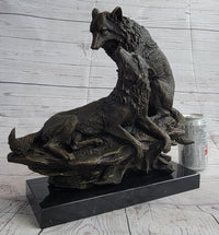 Two Wolves Wolf Family Bronze Metal Sculpture 14" x 14"