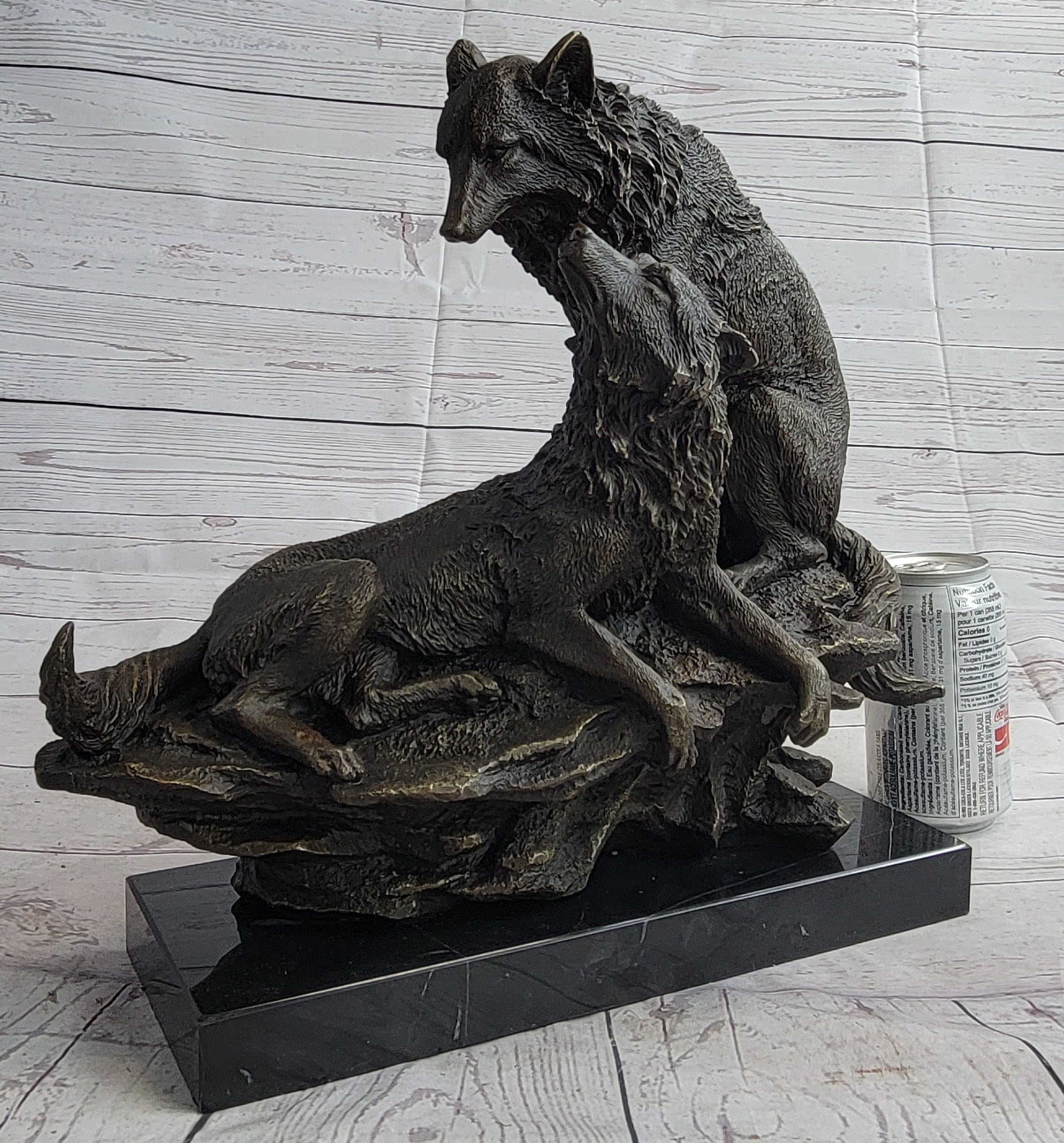 Two Wolves Wolf Family Bronze Metal Sculpture 14" x 14"