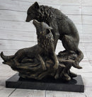 Two Wolves Wolf Family Bronze Metal Sculpture 14" x 14"