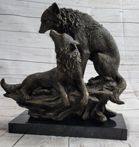 Two Wolves Wolf Family Bronze Metal Sculpture 14" x 14"
