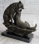 Two Wolves Wolf Family Bronze Metal Sculpture 14" x 14"
