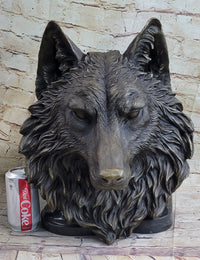 Wall Mounted Wolf Head Bust Bronze Sculpture Signed Art
