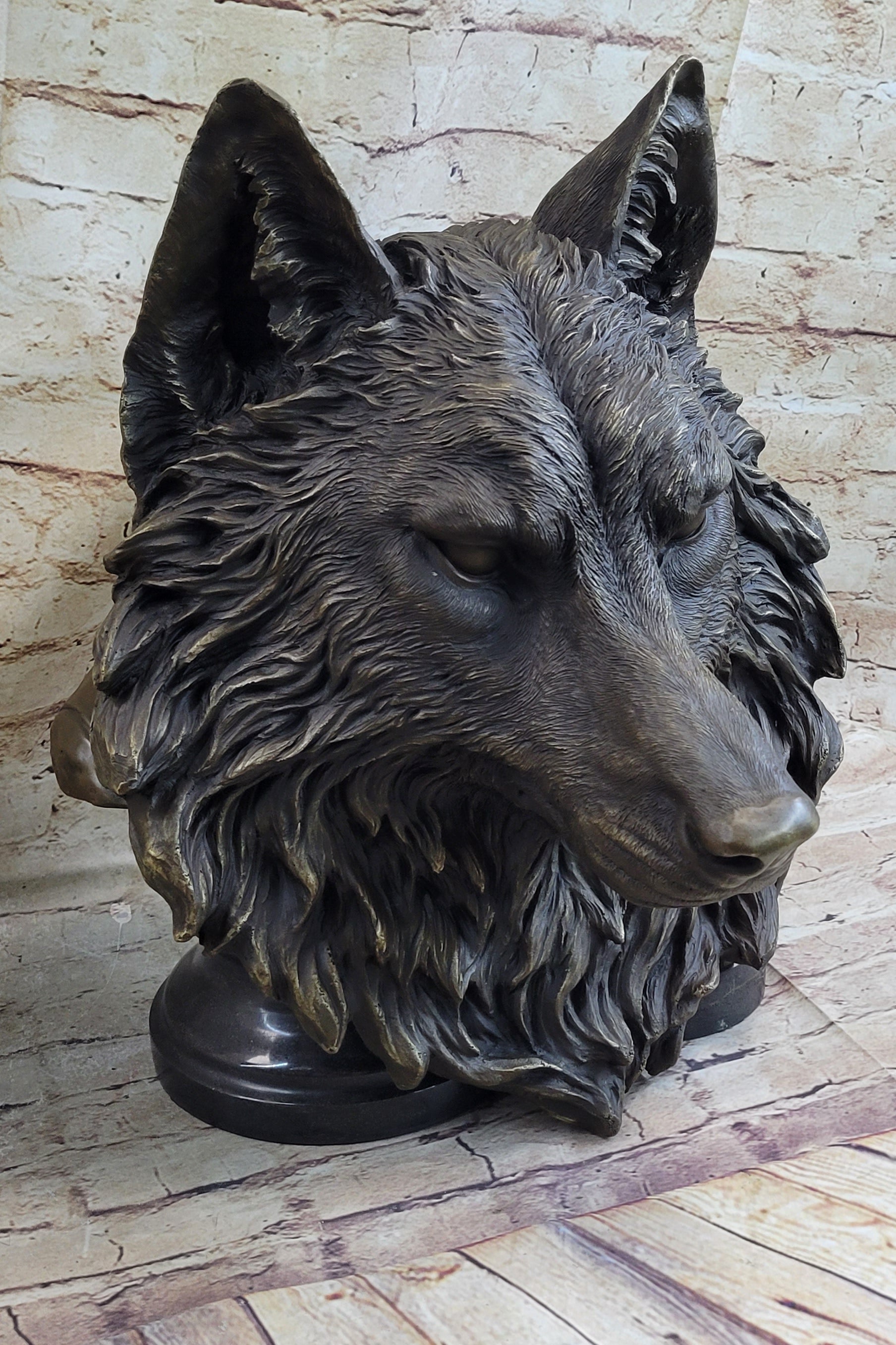 Wall Mounted Wolf Head Bust Bronze Sculpture Signed Art