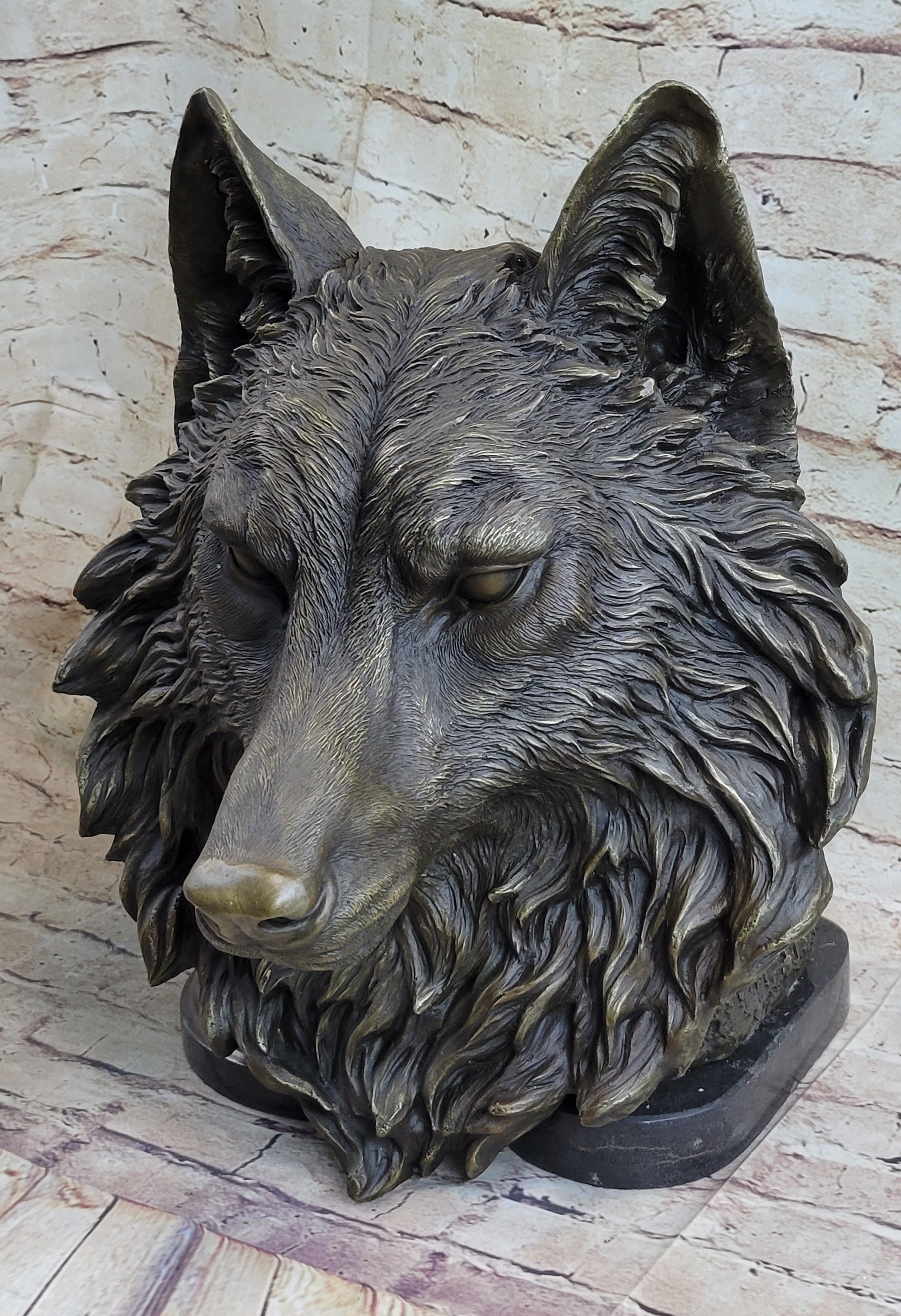 Wall Mounted Wolf Head Bust Bronze Sculpture Signed Art