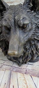 Wall Mounted Wolf Head Bust Bronze Sculpture Signed Art