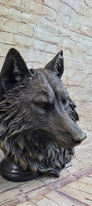 Wall Mounted Wolf Head Bust Bronze Sculpture Signed Art