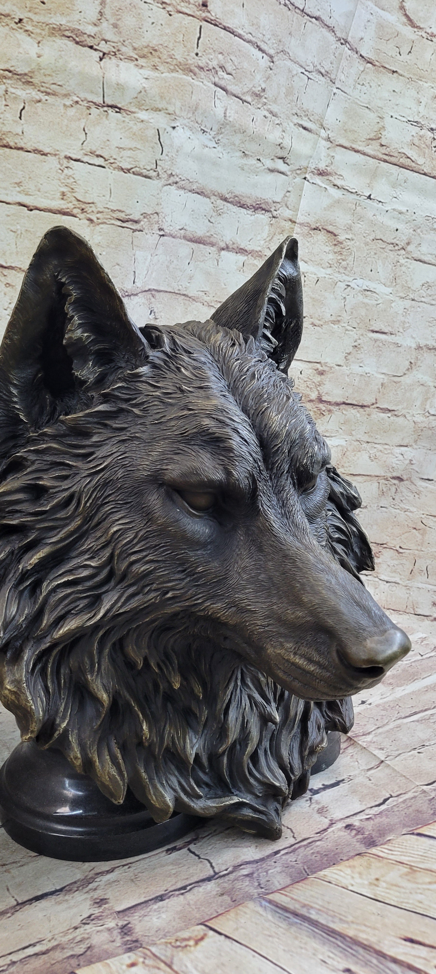 Wall Mounted Wolf Head Bust Bronze Sculpture Signed Art