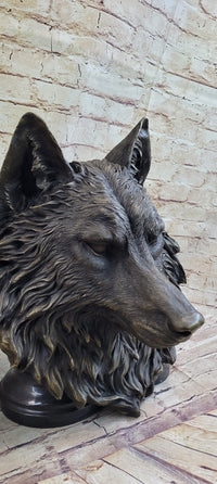 Wall Mounted Wolf Head Bust Bronze Sculpture Signed Art