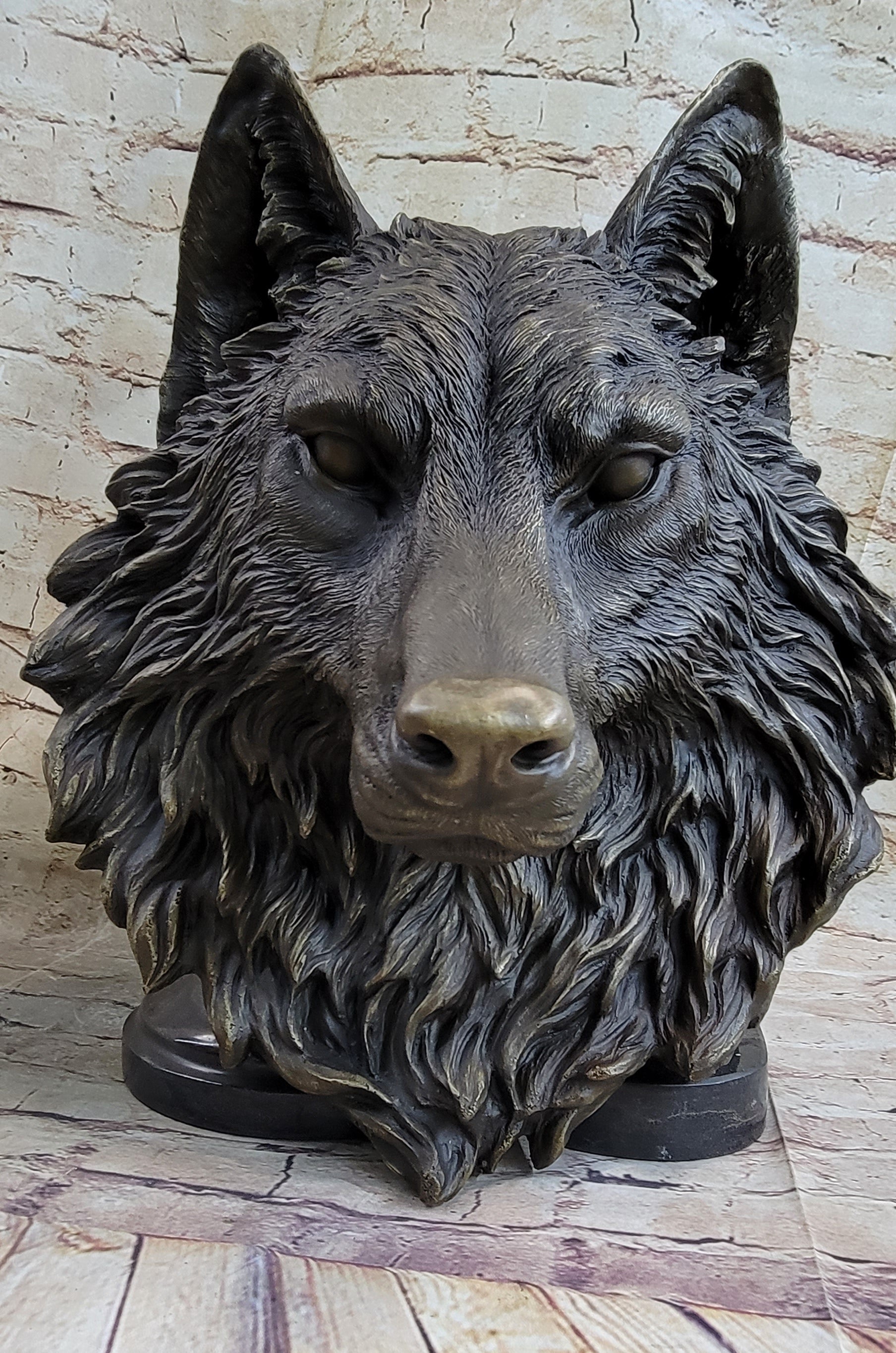 Wall Mounted Wolf Head Bust Bronze Sculpture Signed Art