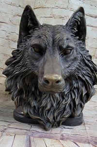 Wall Mounted Wolf Head Bust Bronze Sculpture Signed Art