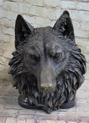 Wall Mounted Wolf Head Bust Bronze Sculpture Signed Art