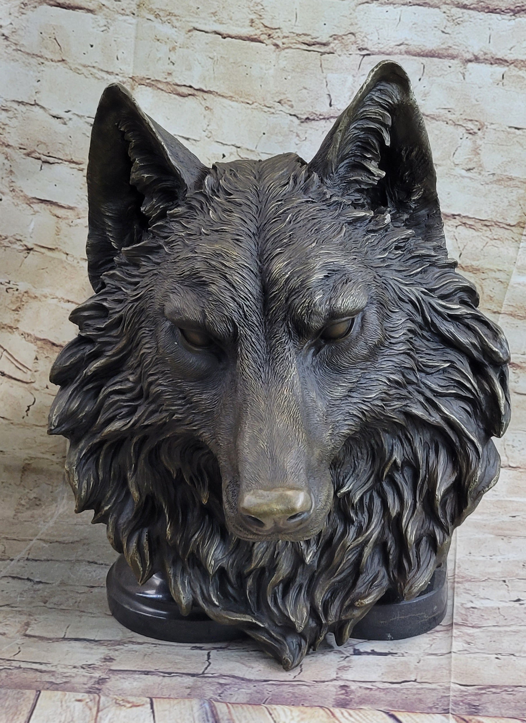 Wall Mounted Wolf Head Bust Bronze Sculpture Signed Art