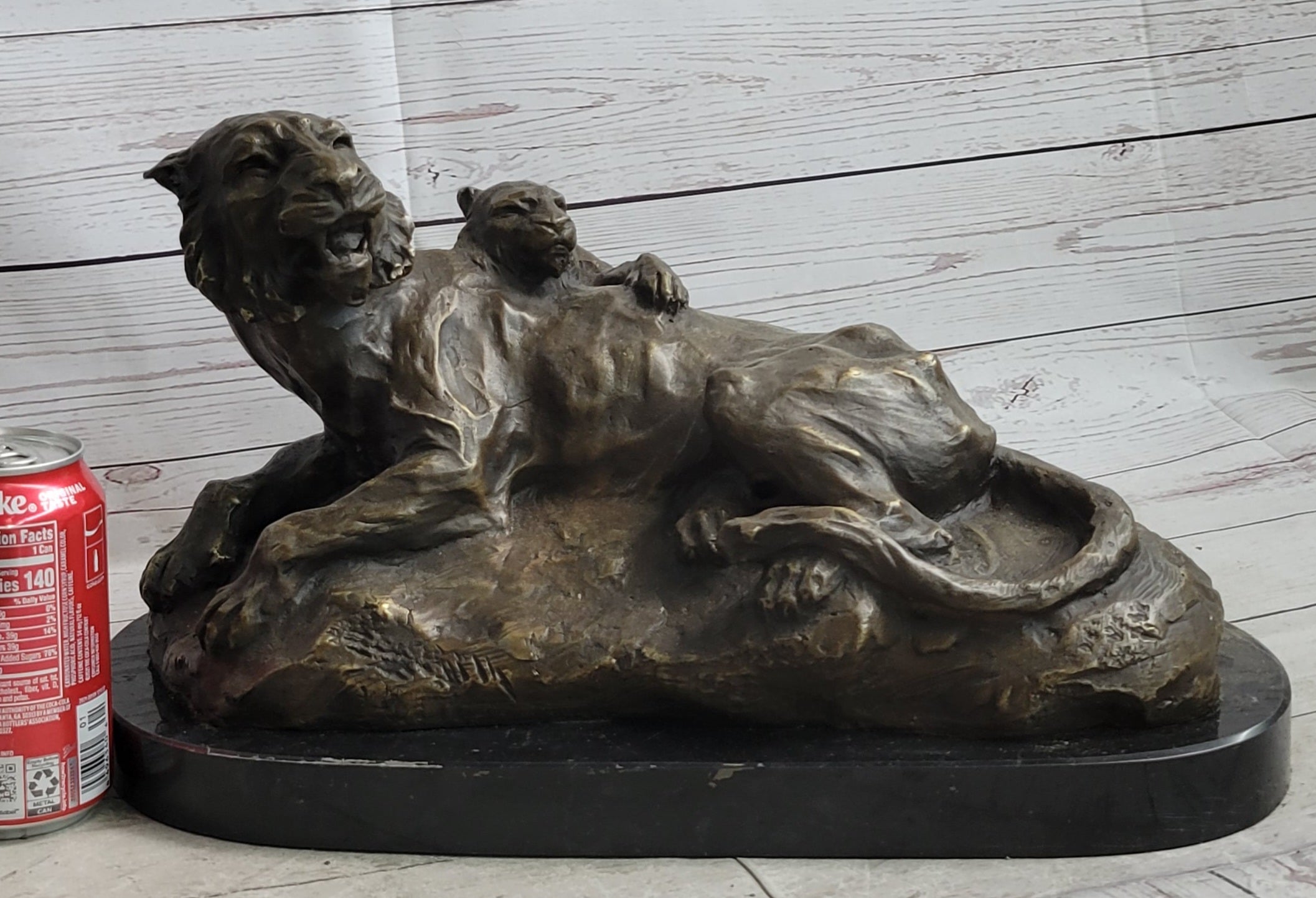 Lion Tiger & Cub Bronze Sculpture Wildlife Art