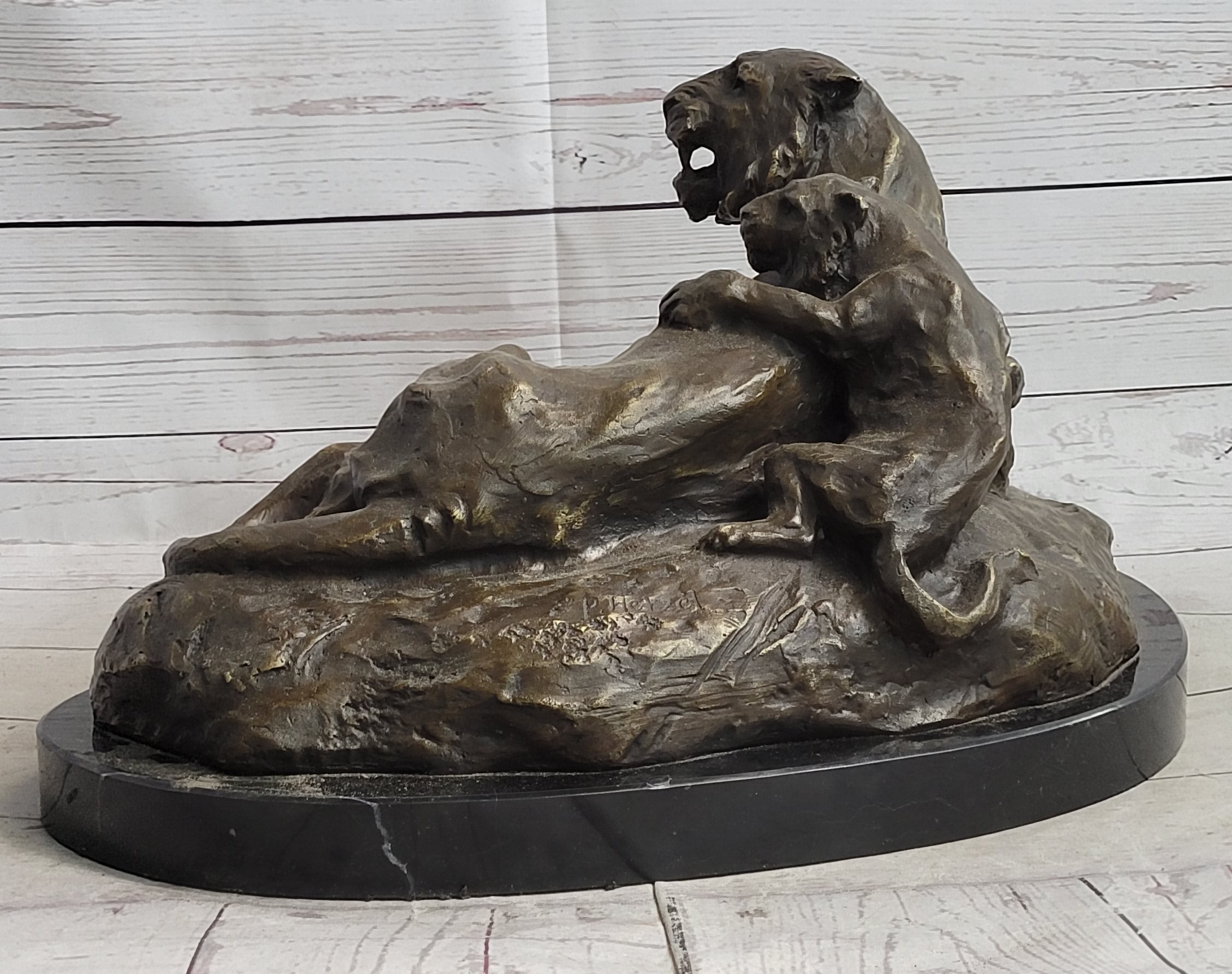 Lion Tiger & Cub Bronze Sculpture Wildlife Art