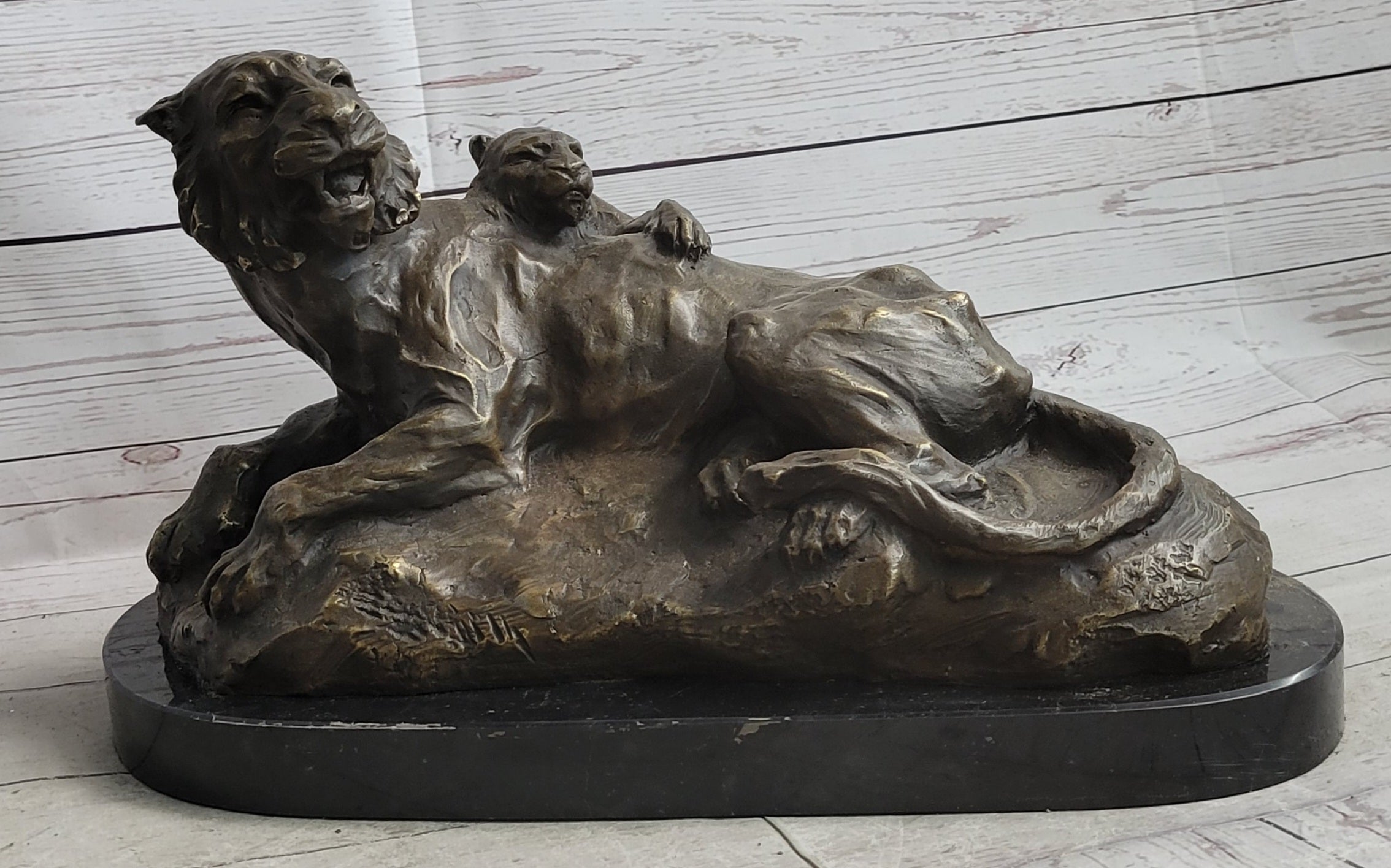 Lion Tiger & Cub Bronze Sculpture Wildlife Art