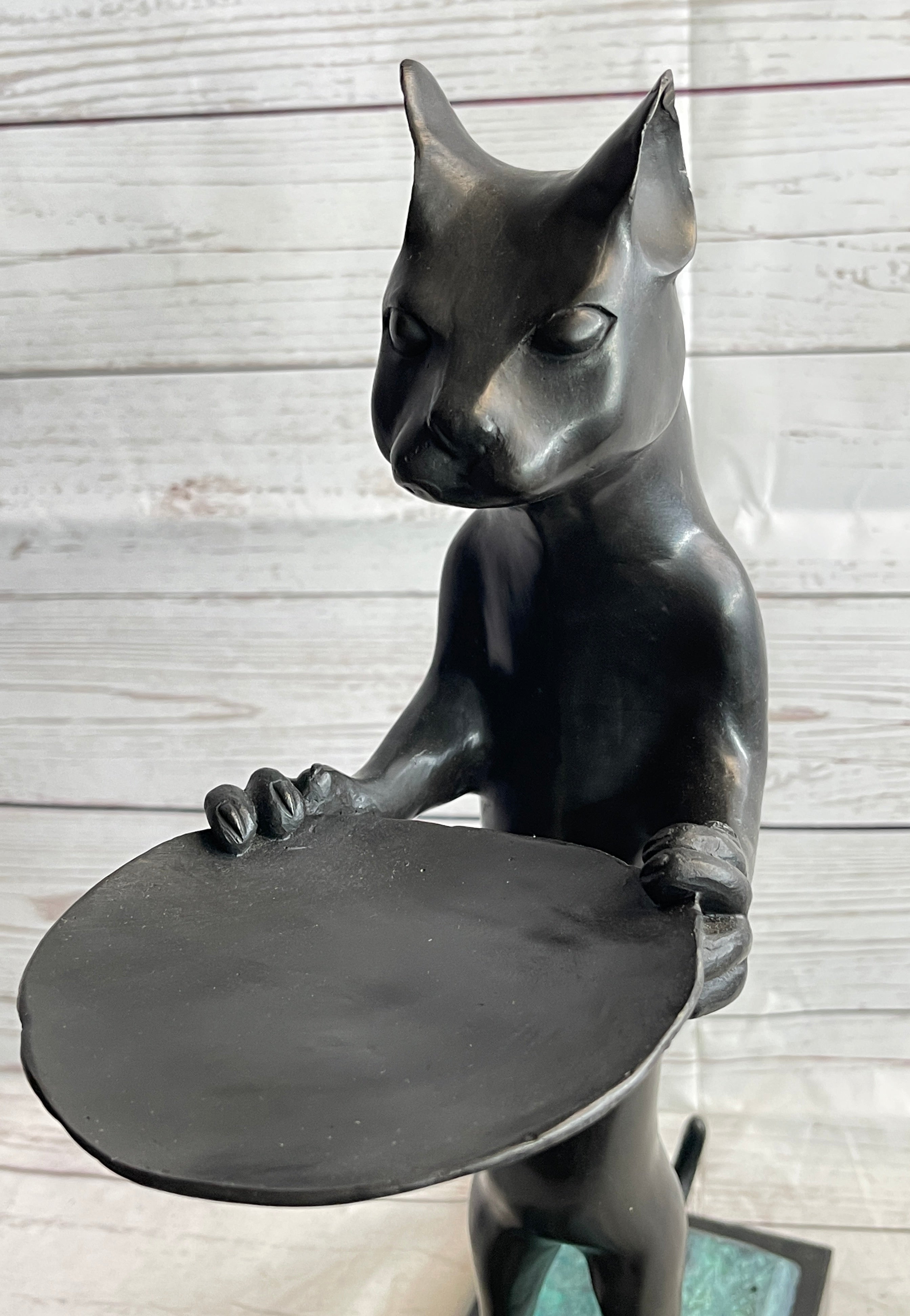 Cat Holding Tray Business Card Holder Bronze Sculpture