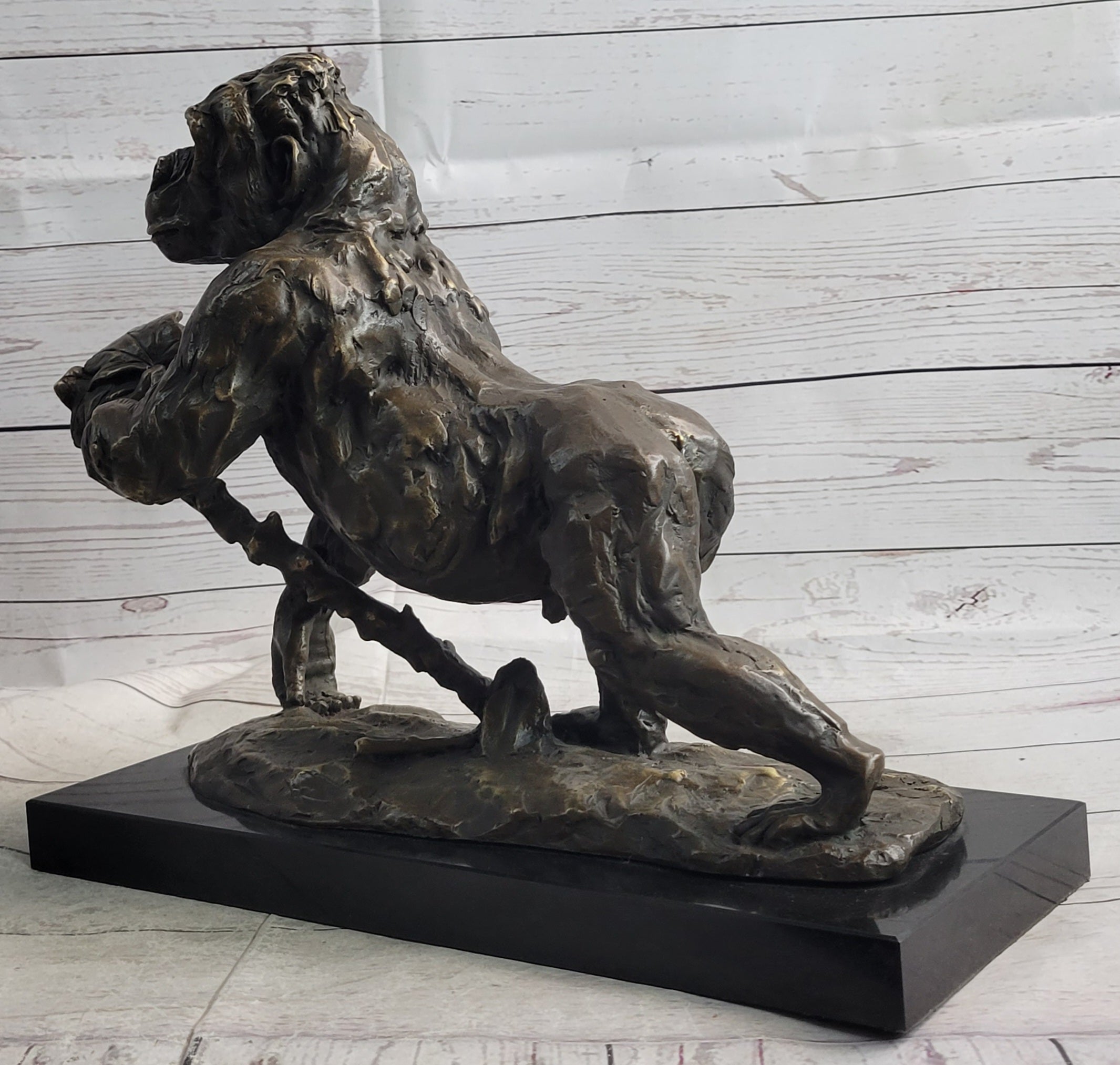 Gorilla Great Ape Bronze Metal Sculpture Signed on Marble Base