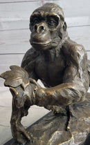Gorilla Great Ape Bronze Metal Sculpture Signed on Marble Base