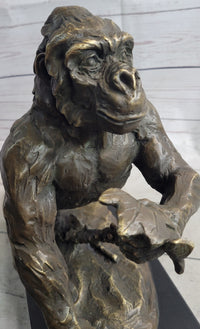 Gorilla Great Ape Bronze Metal Sculpture Signed on Marble Base