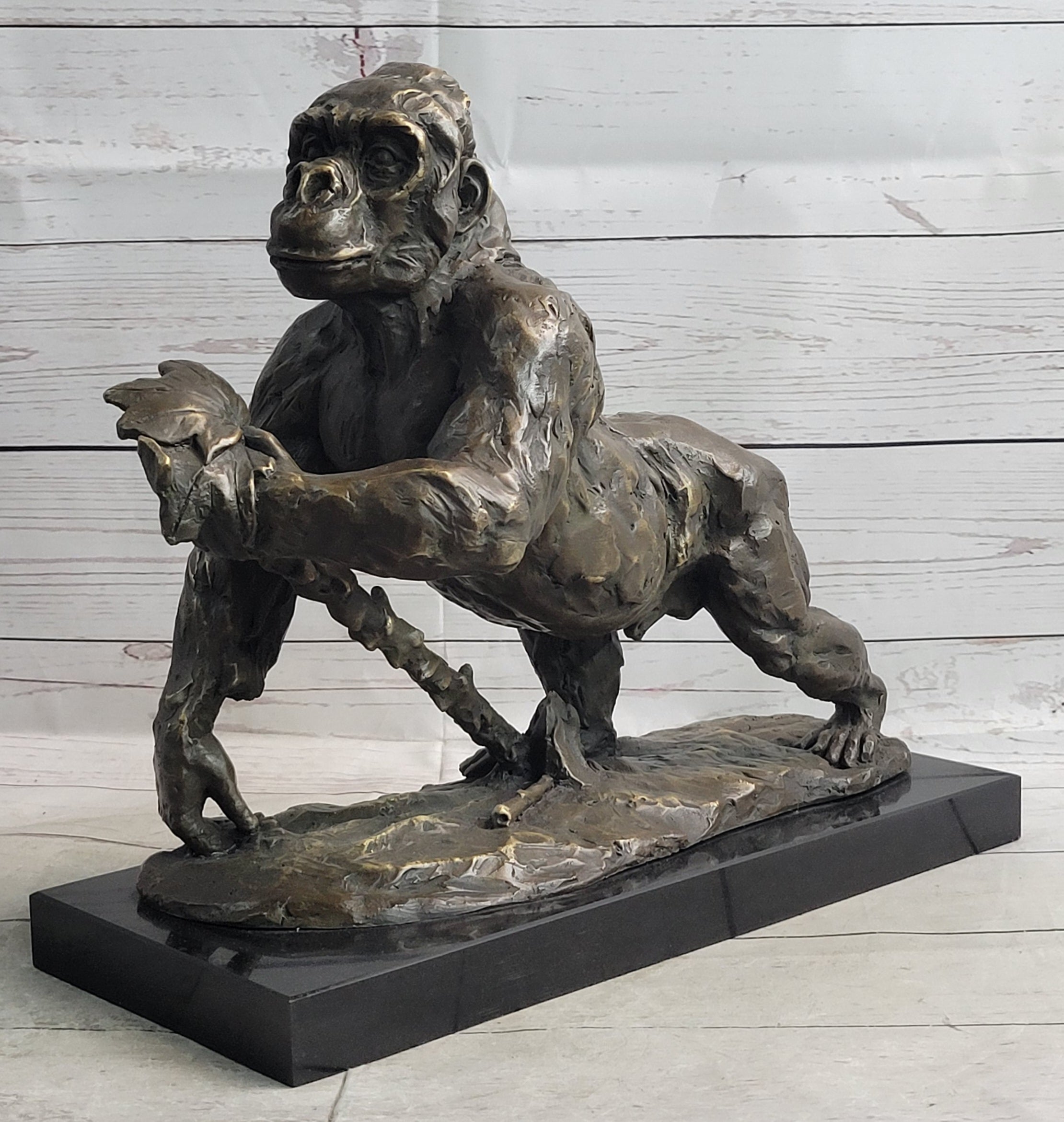 Gorilla Great Ape Bronze Metal Sculpture Signed on Marble Base