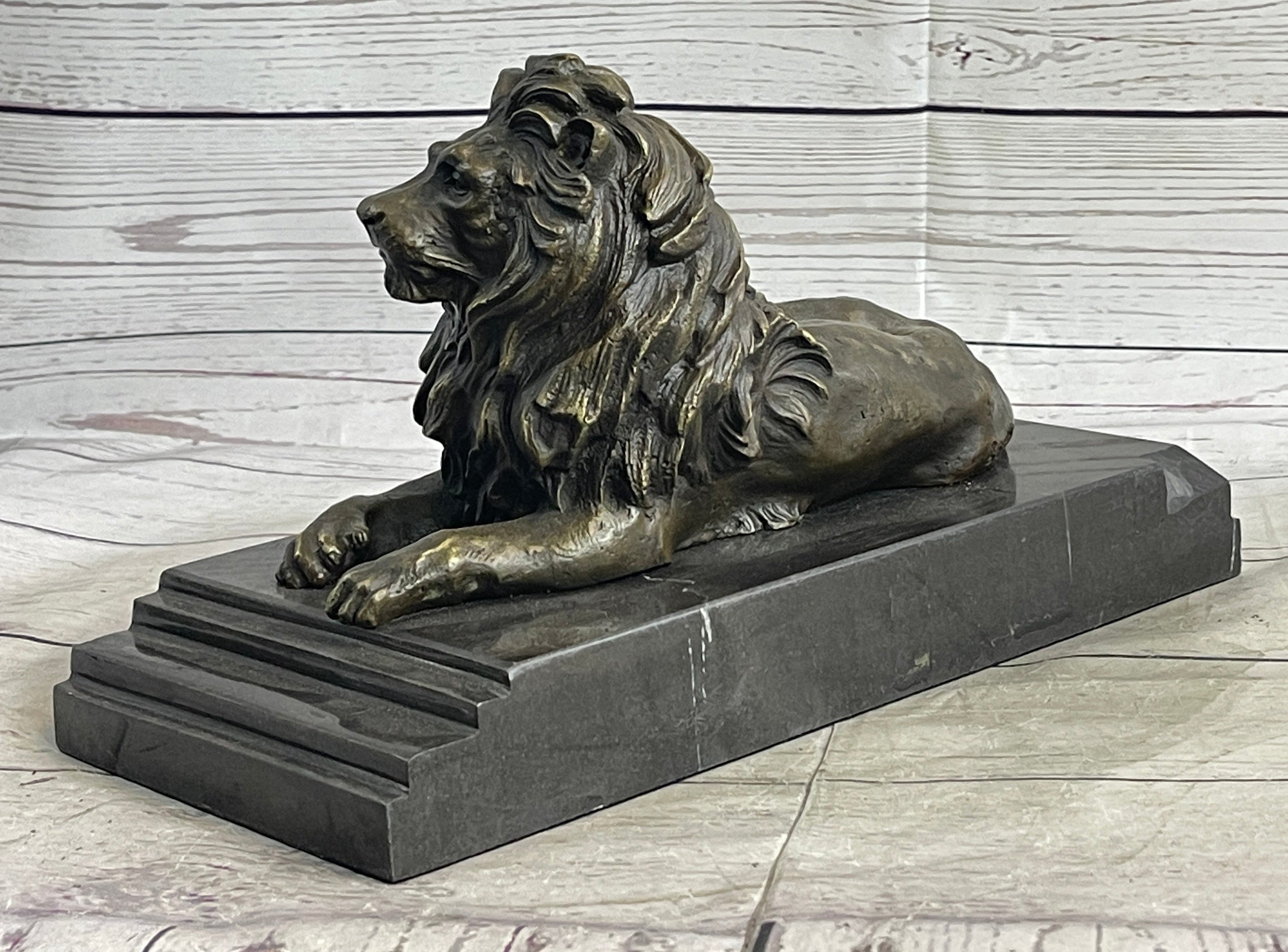 Male Guardian Lion Bronze Sculpture Marble Base Antoine Barye 7" x 12"