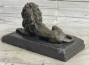 Male Guardian Lion Bronze Sculpture Marble Base Antoine Barye 7" x 12"