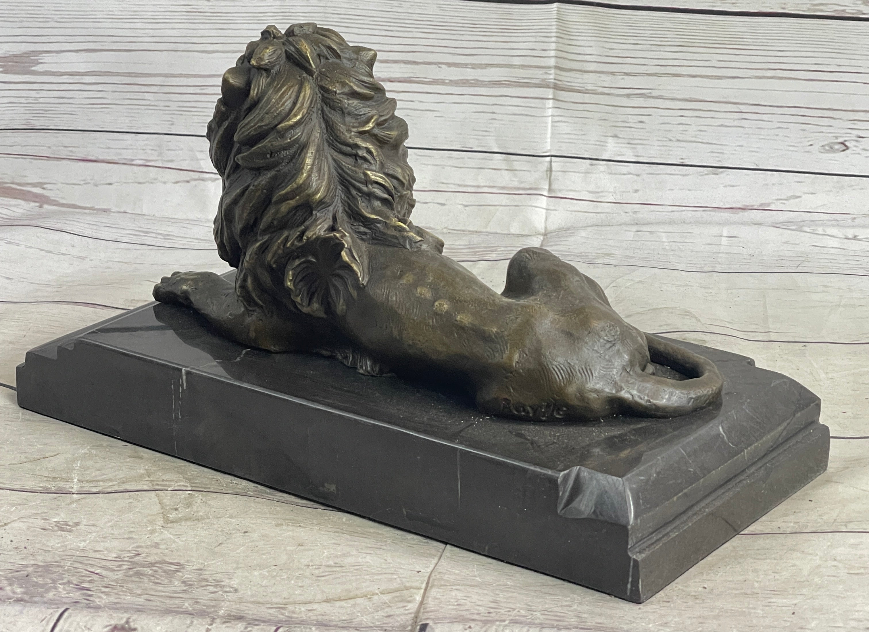 Male Guardian Lion Bronze Sculpture Marble Base Antoine Barye 7" x 12"