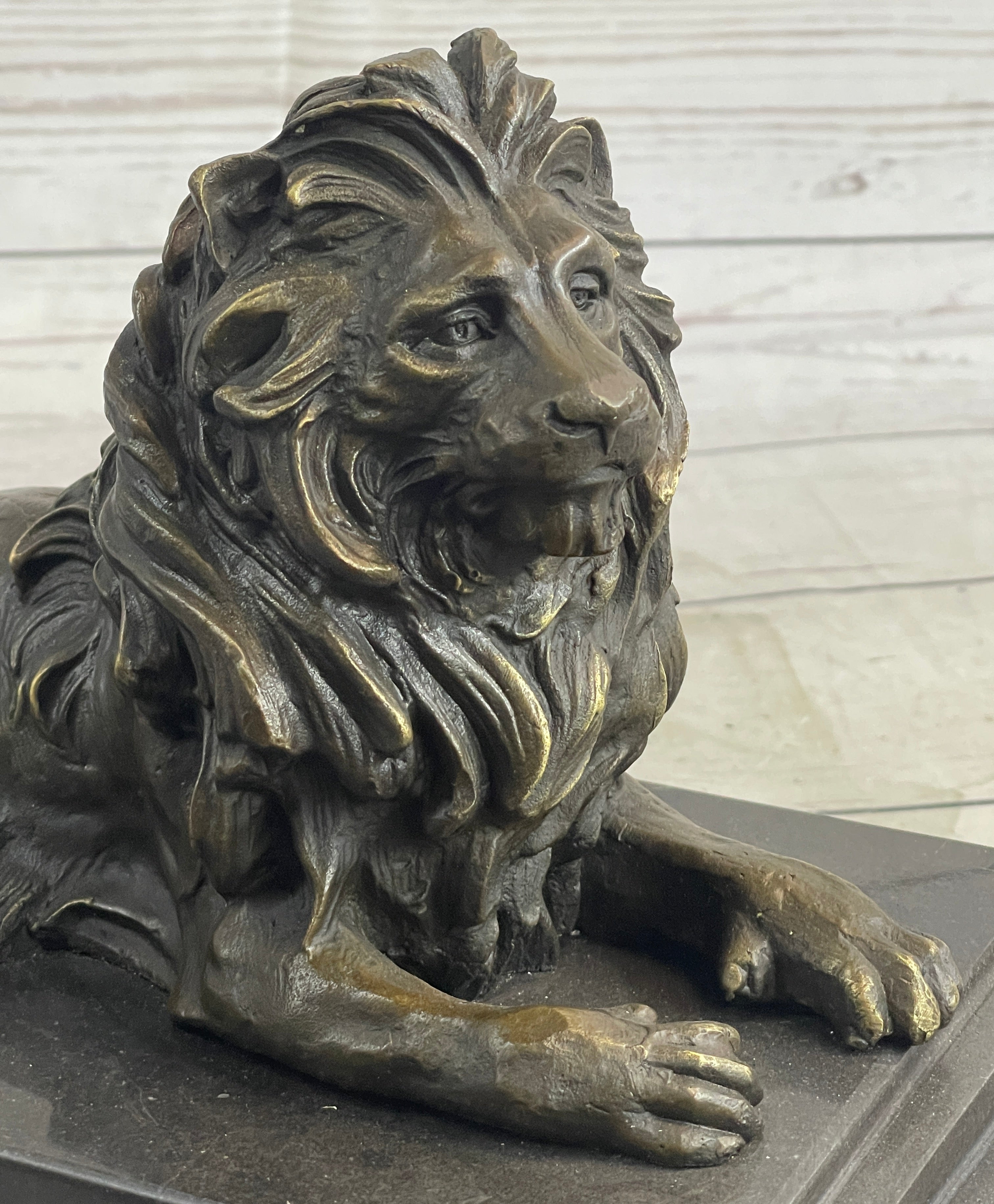 Male Guardian Lion Bronze Sculpture Marble Base Antoine Barye 7" x 12"