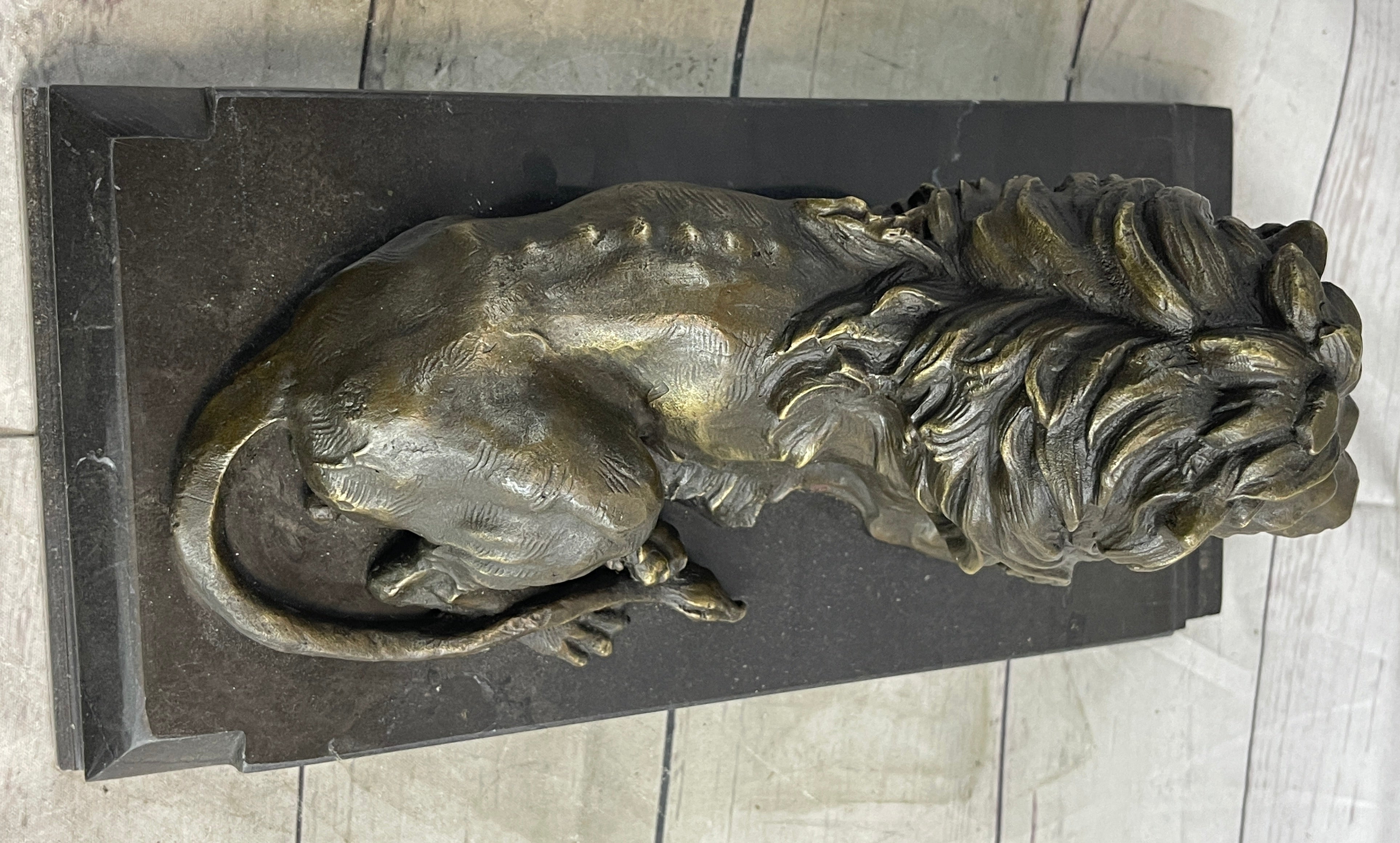 Male Guardian Lion Bronze Sculpture Marble Base Antoine Barye 7" x 12"