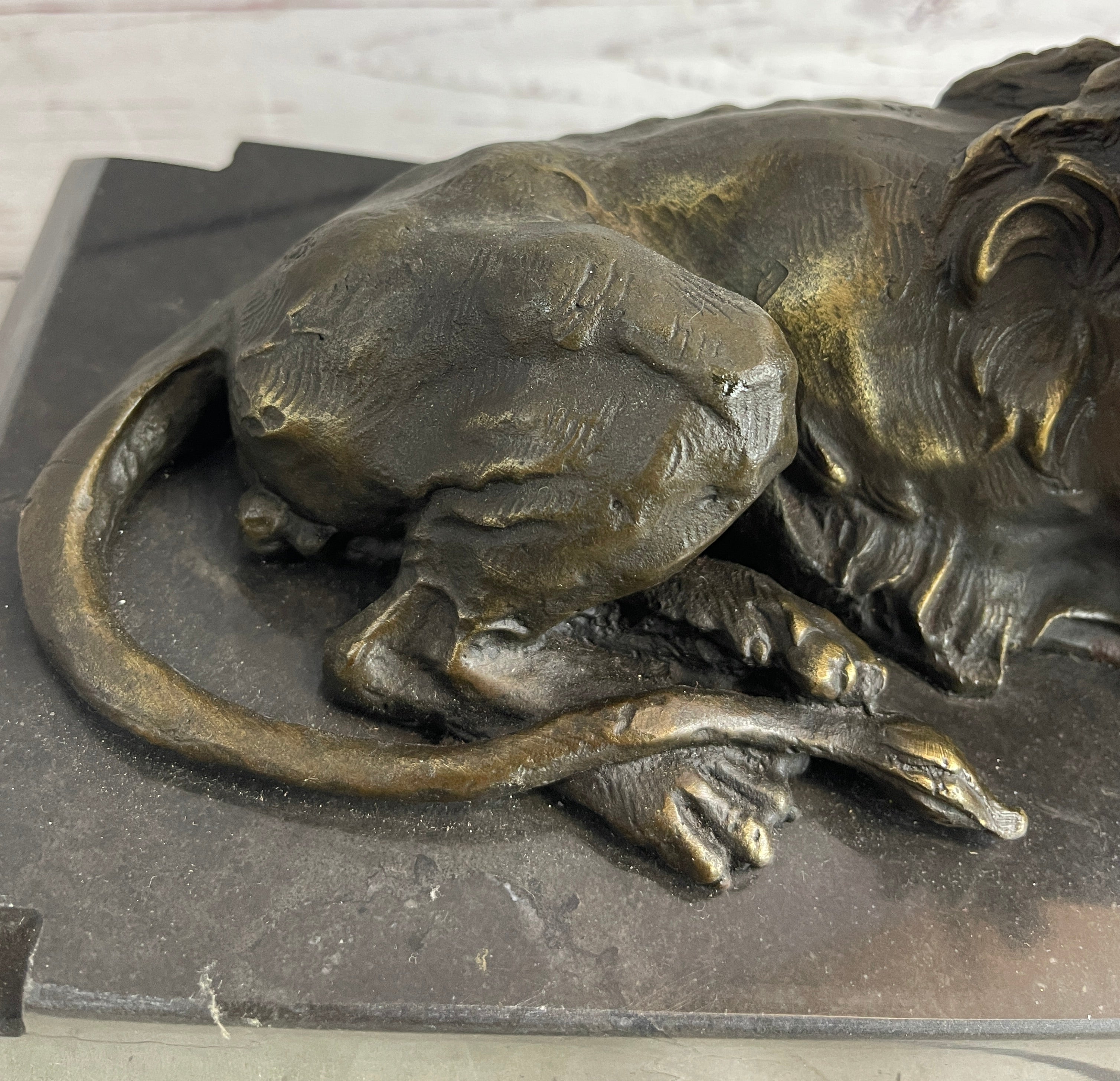 Male Guardian Lion Bronze Sculpture Marble Base Antoine Barye 7" x 12"