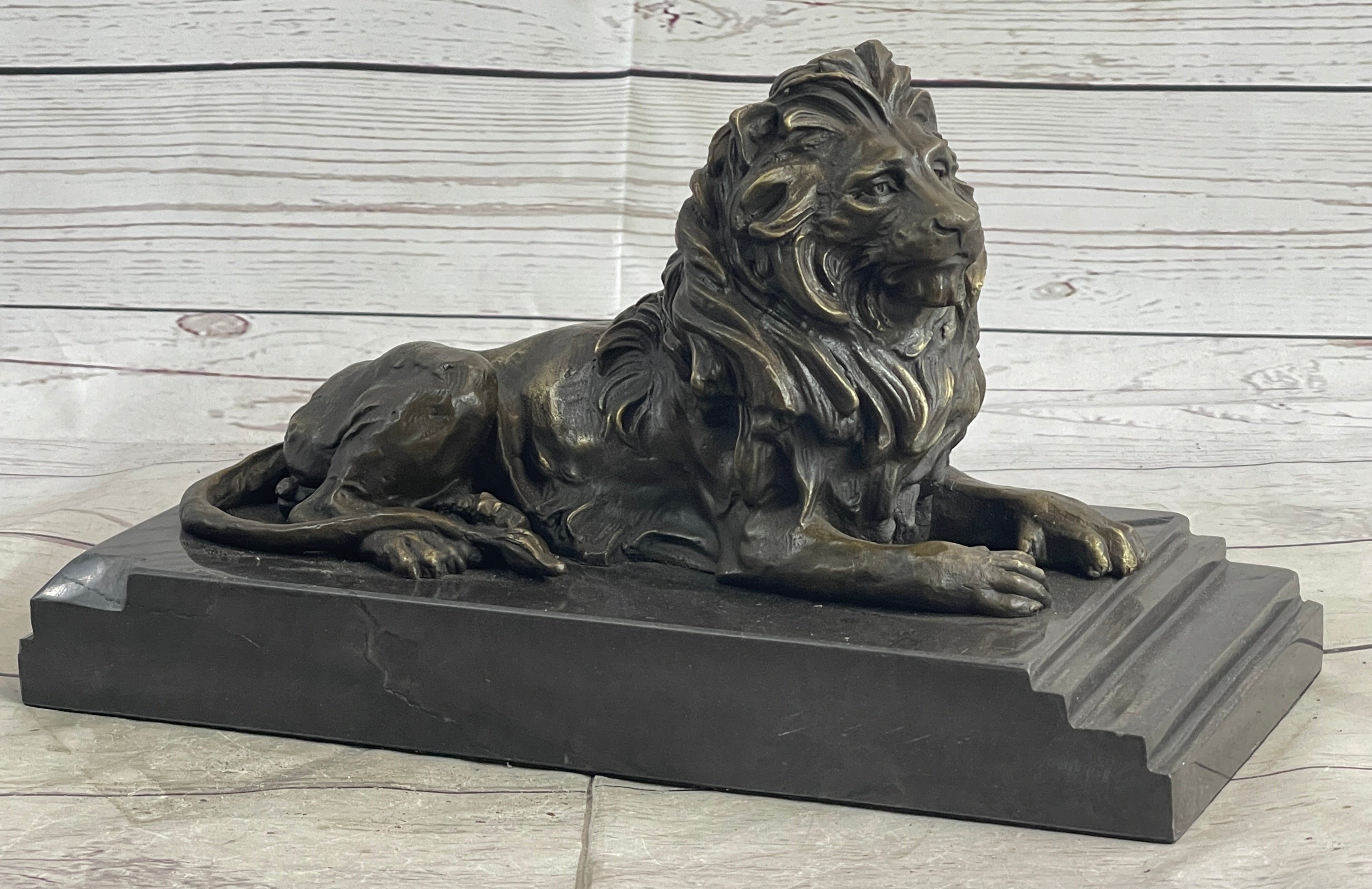 Male Guardian Lion Bronze Sculpture Marble Base Antoine Barye 7" x 12"
