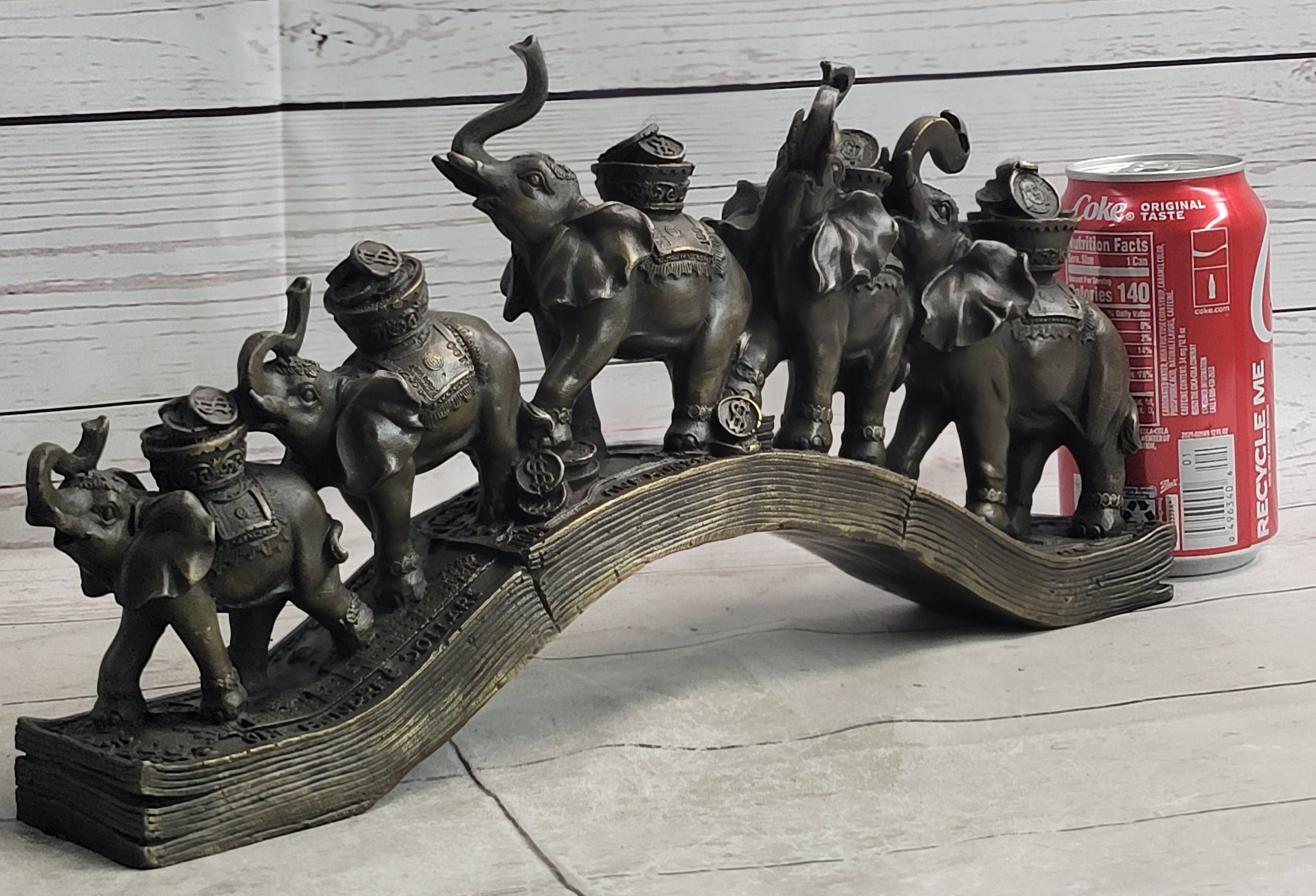 Elephants Crossing Bridge Carrying Money Bronze Sculpture