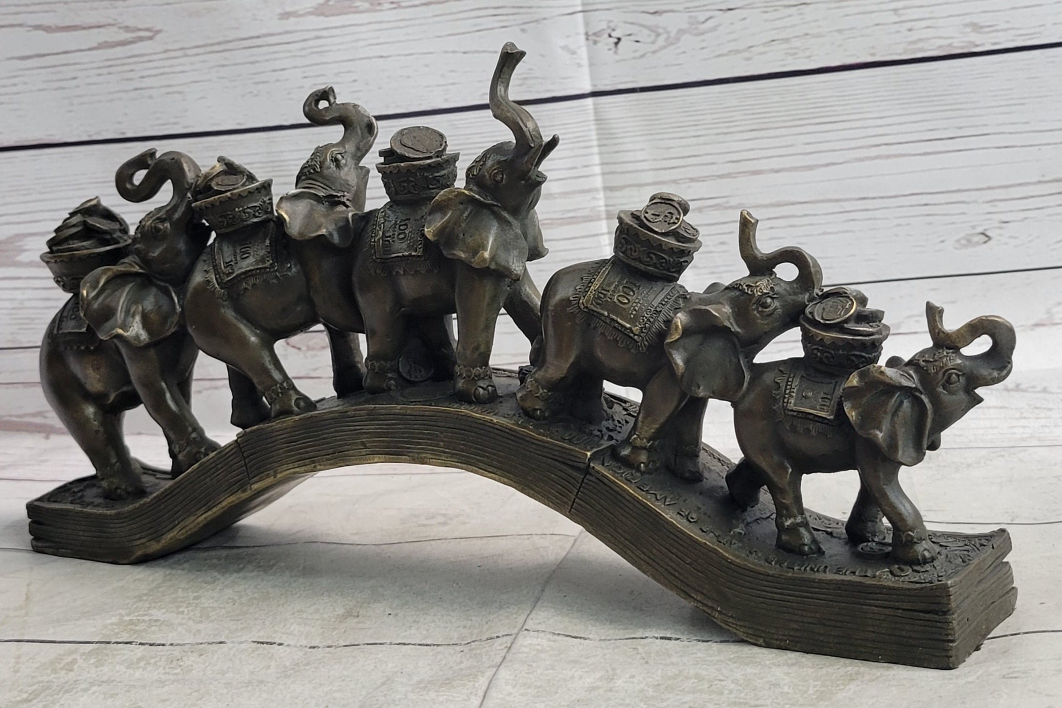 Elephants Crossing Bridge Carrying Money Bronze Sculpture