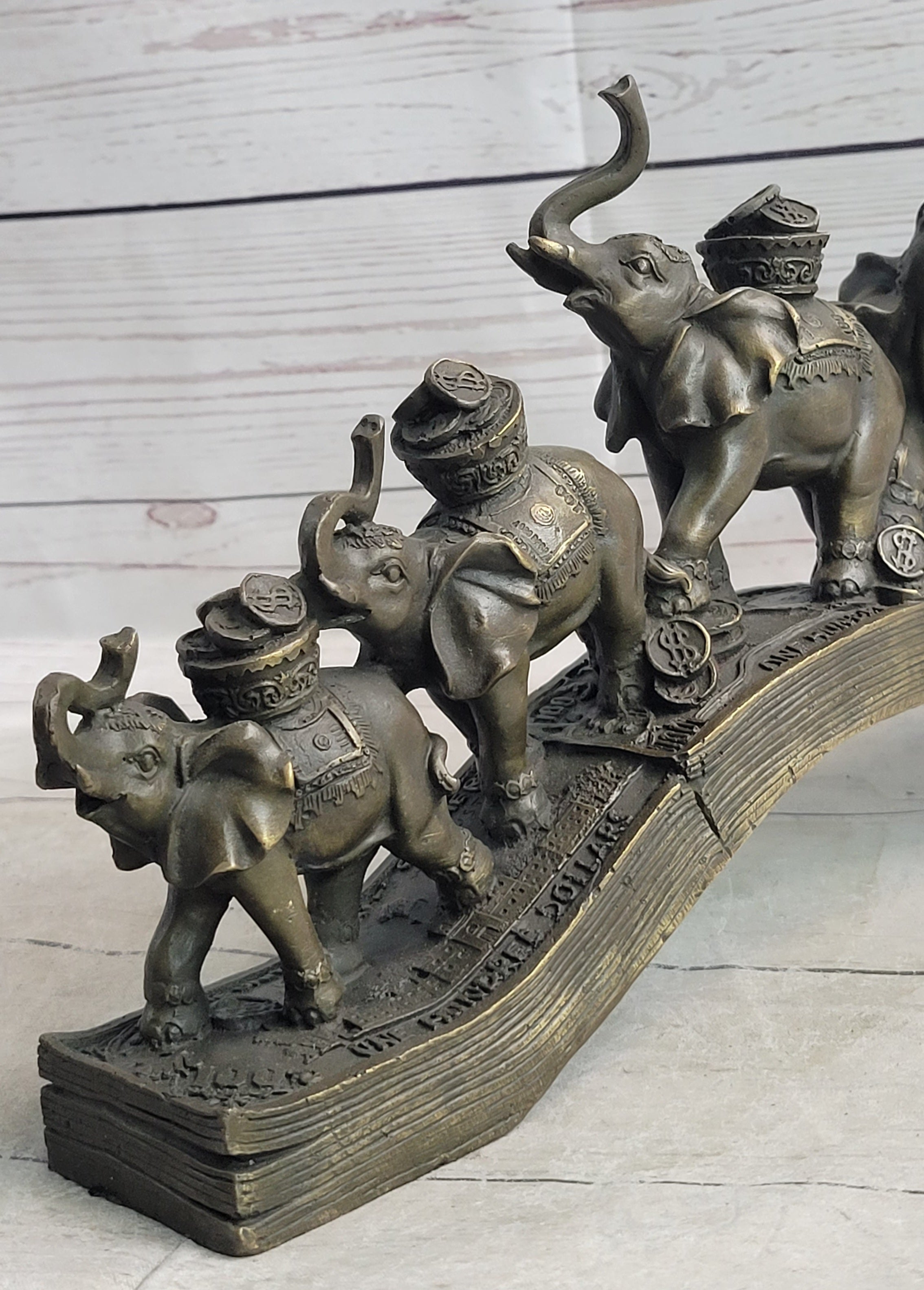 Elephants Crossing Bridge Carrying Money Bronze Sculpture