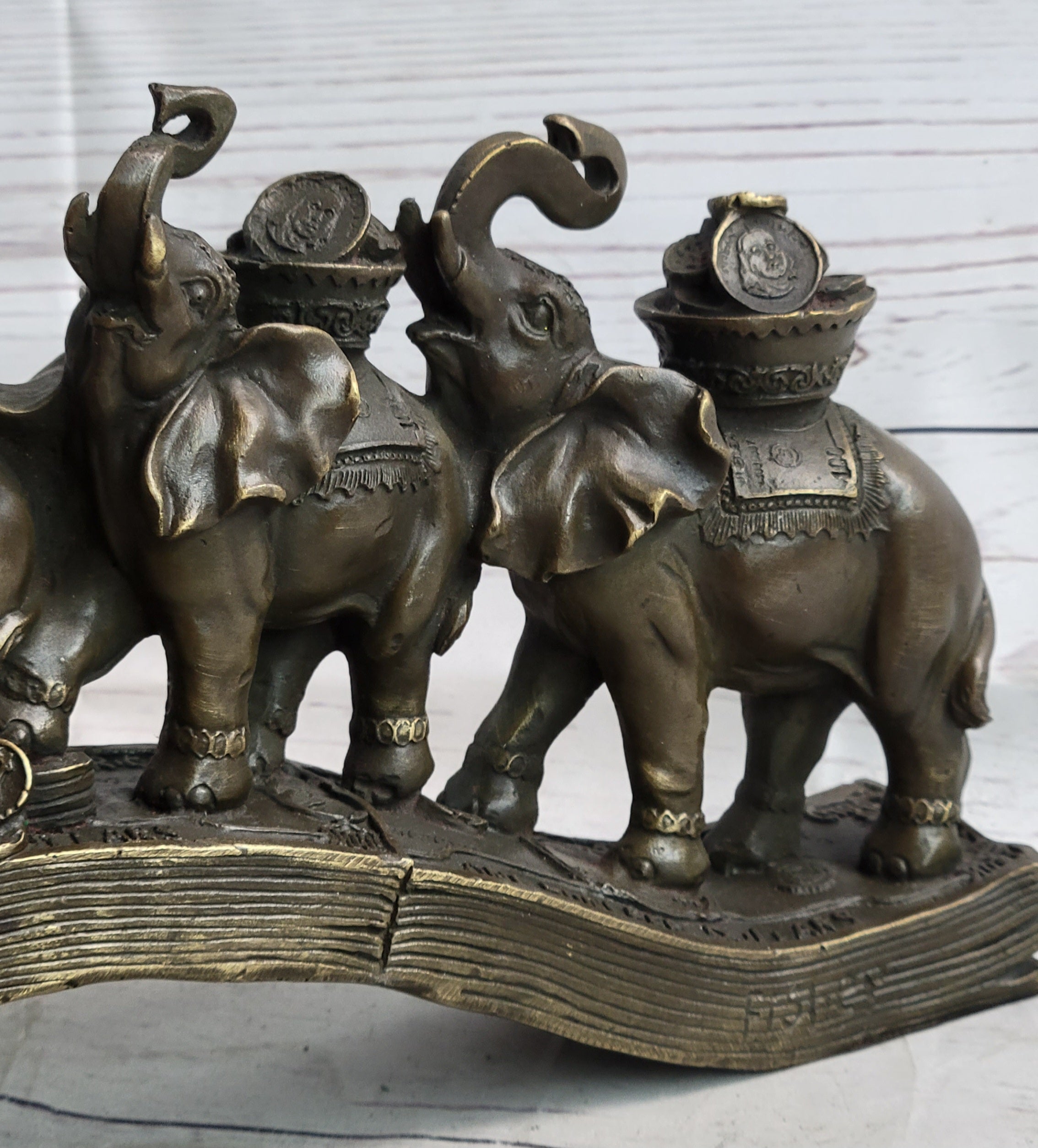 Elephants Crossing Bridge Carrying Money Bronze Sculpture