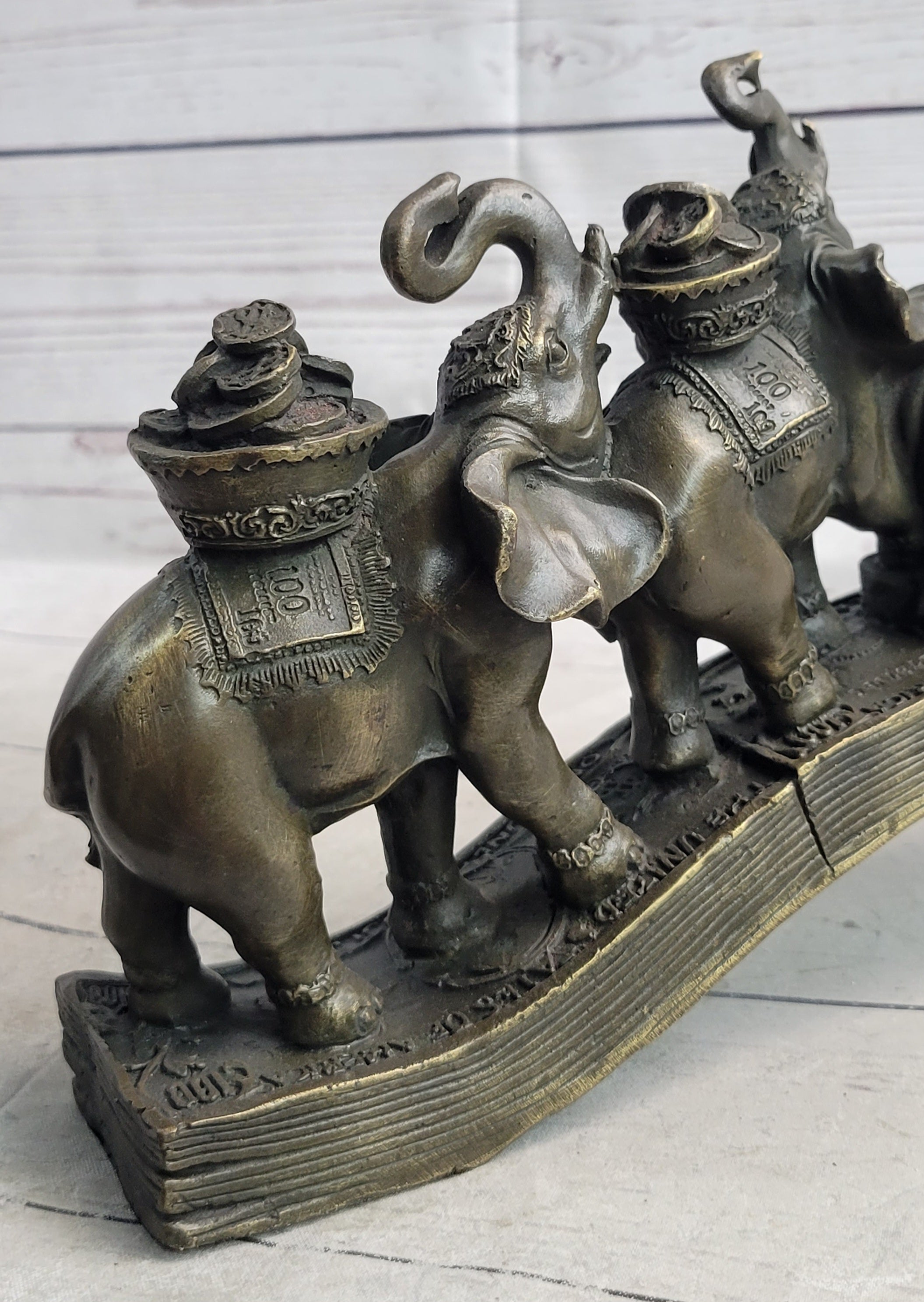 Elephants Crossing Bridge Carrying Money Bronze Sculpture