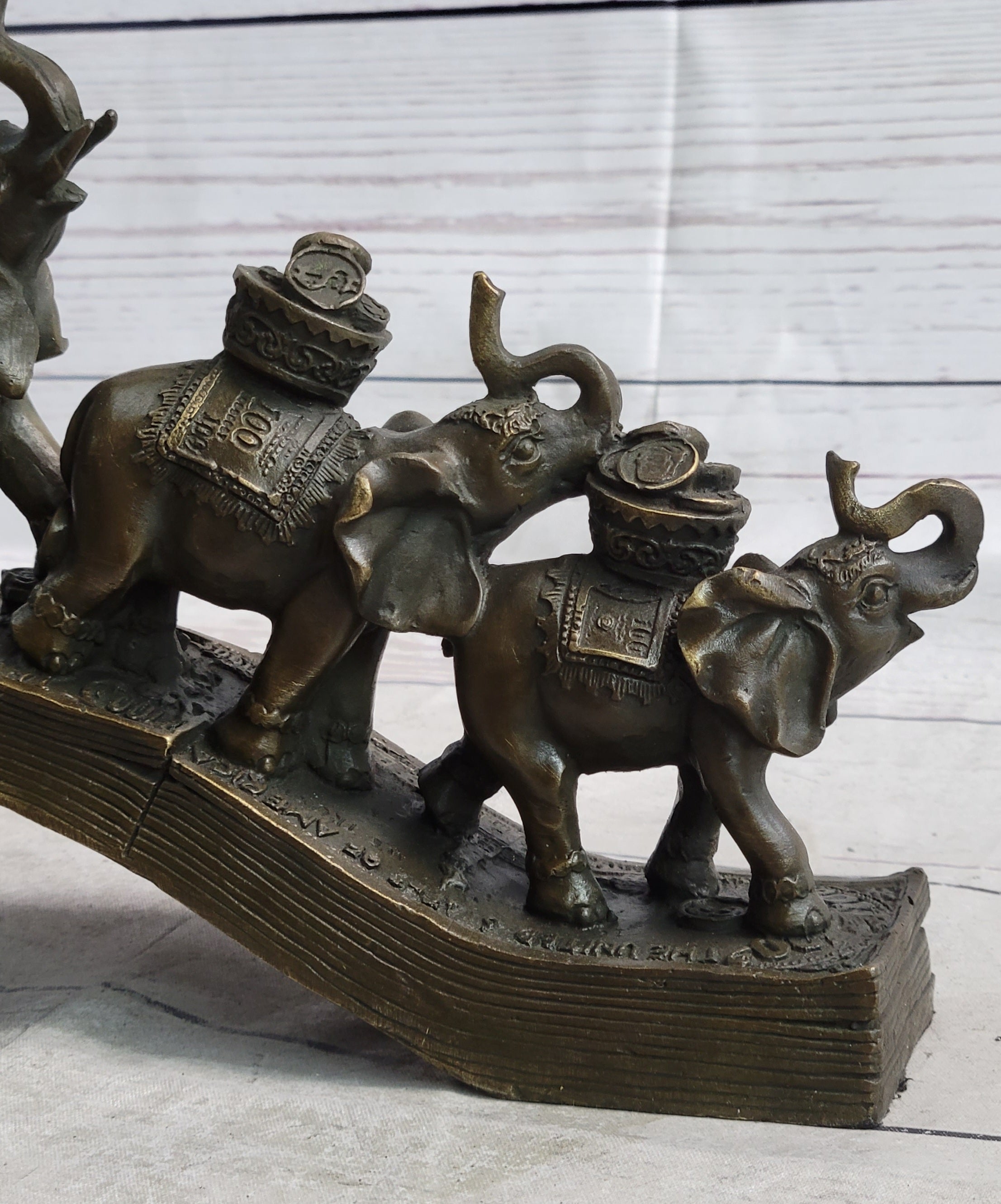 Elephants Crossing Bridge Carrying Money Bronze Sculpture