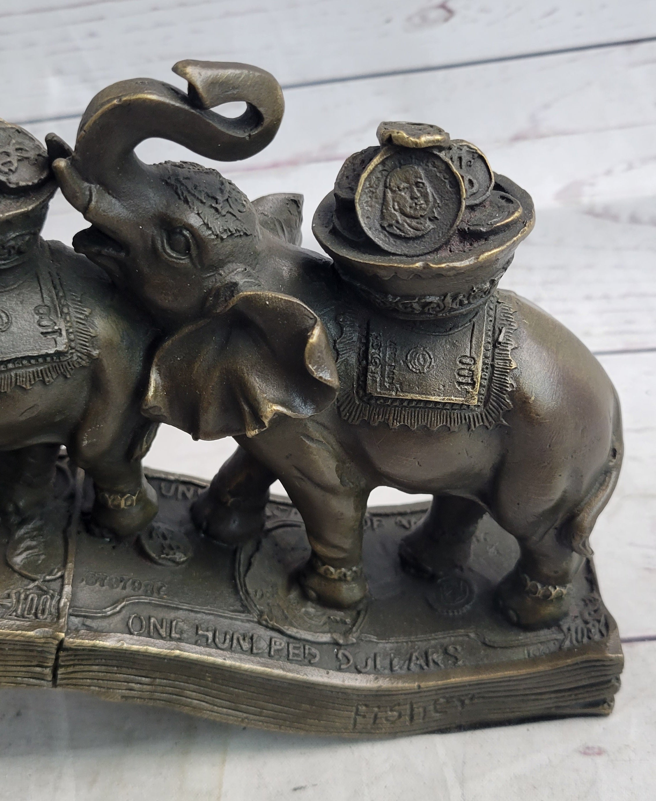 Elephants Crossing Bridge Carrying Money Bronze Sculpture