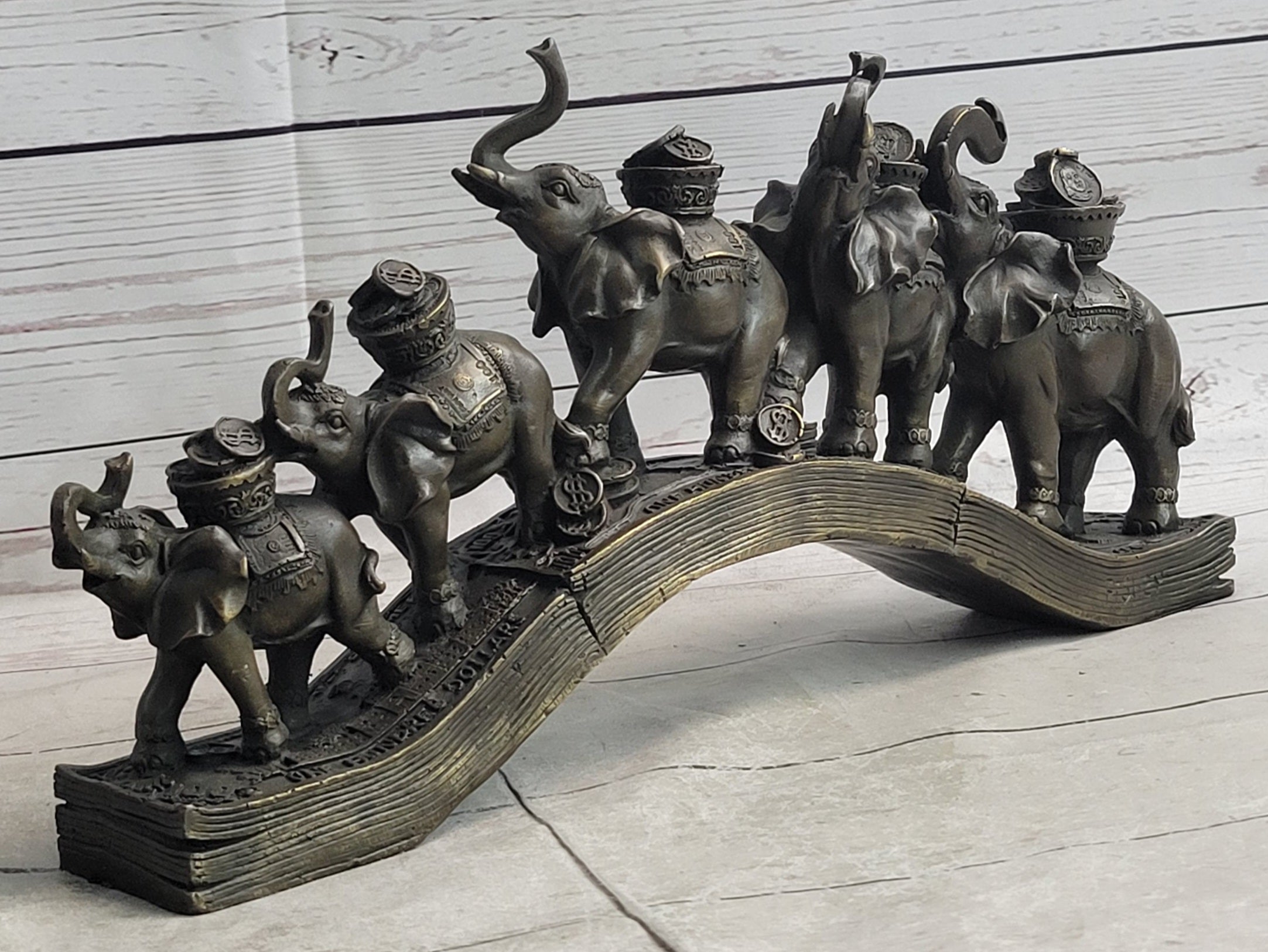 Elephants Crossing Bridge Carrying Money Bronze Sculpture