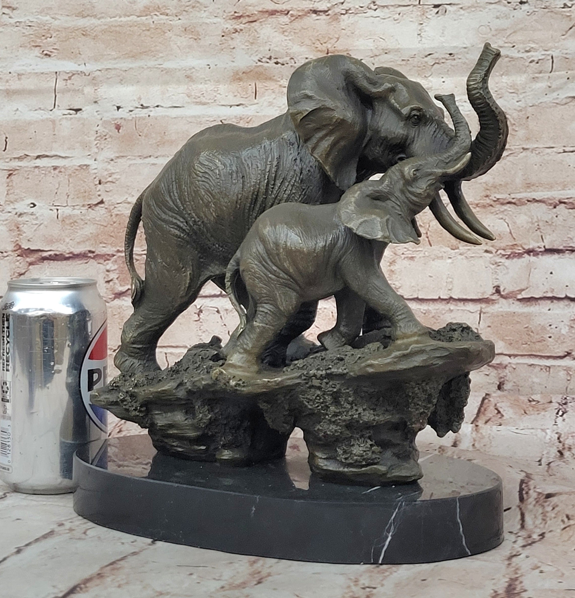 Bronze Elephant and Calf Sculpture on Marble Base by Barye