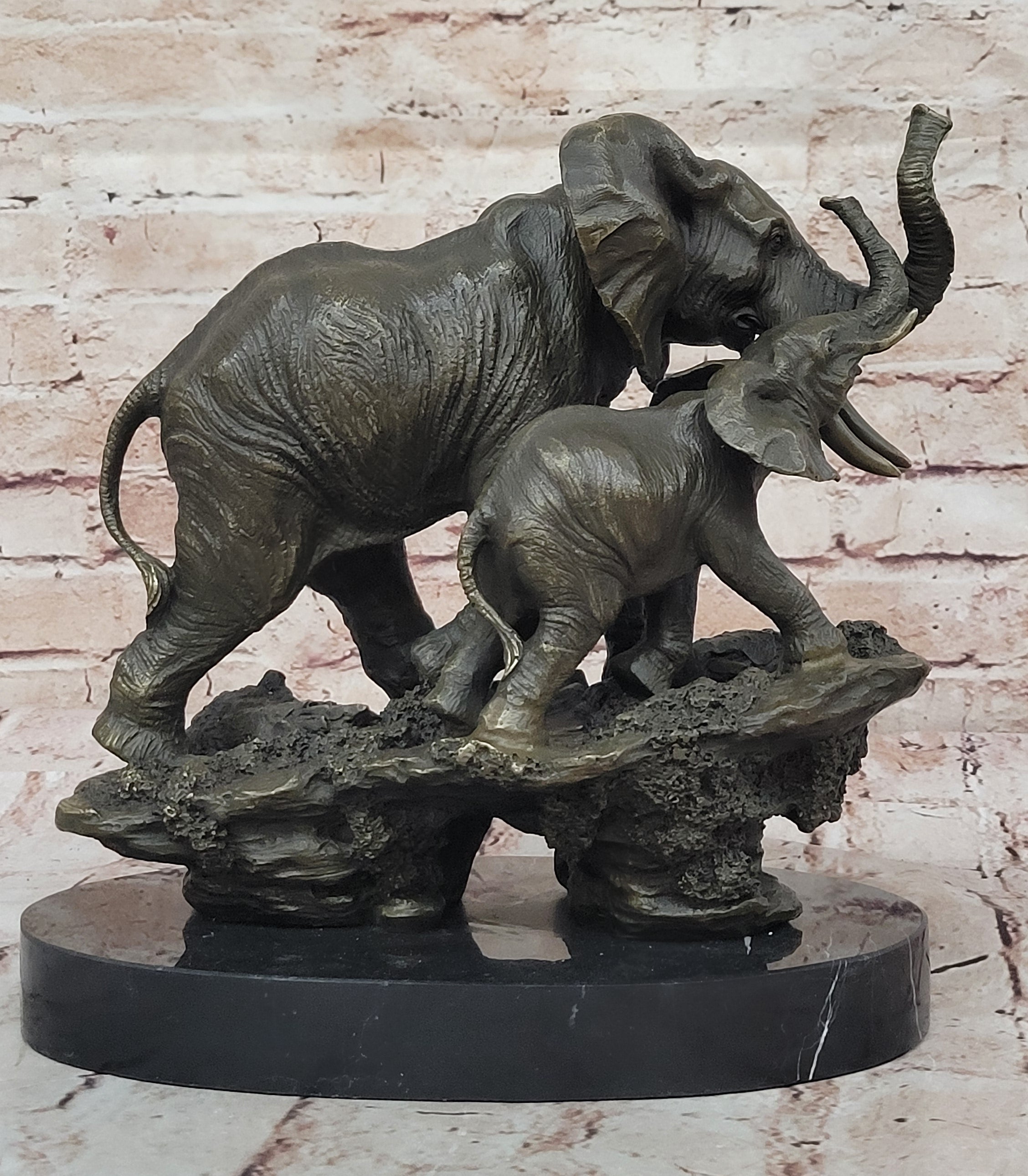 Bronze Elephant and Calf Sculpture on Marble Base by Barye