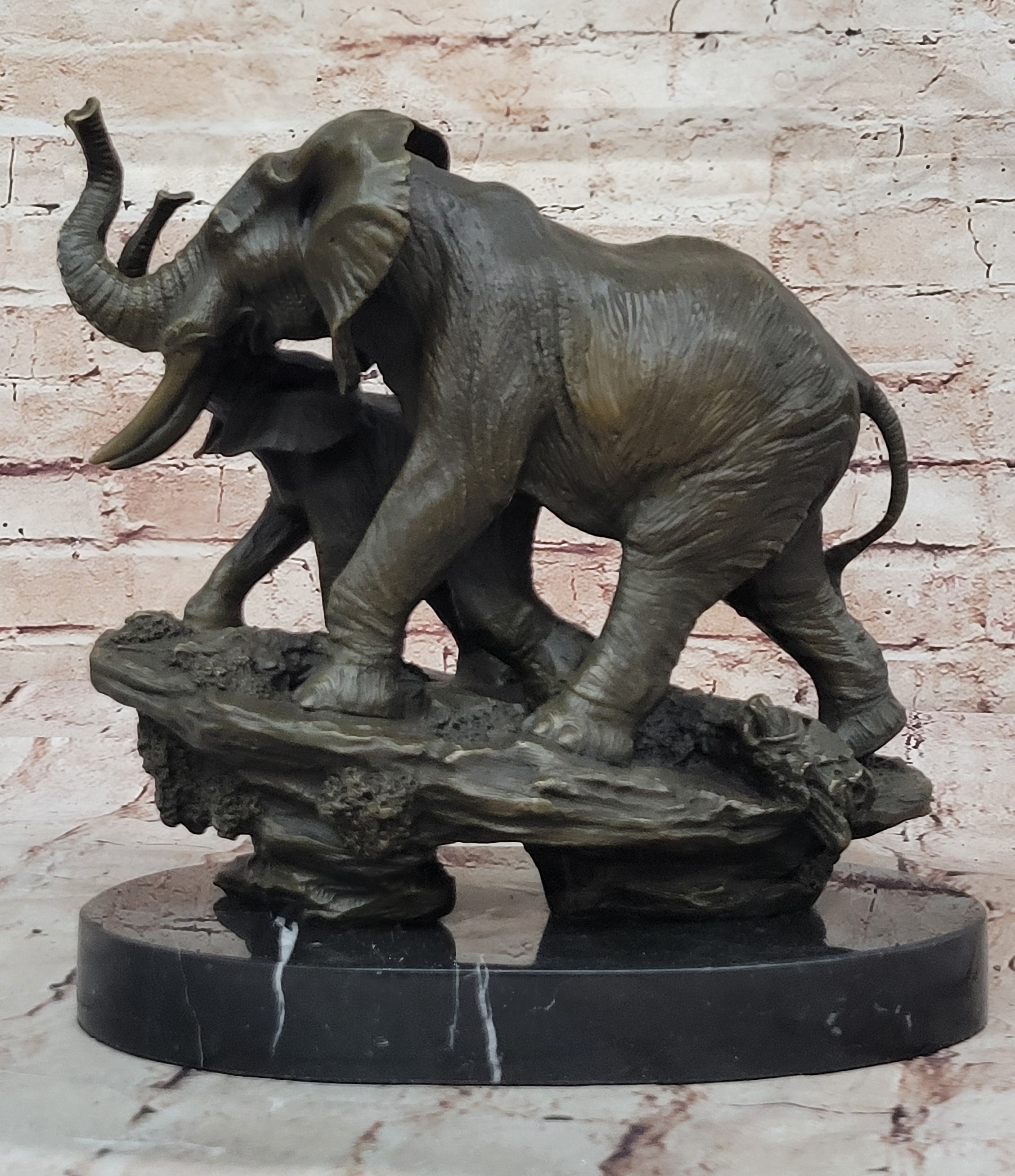 Bronze Elephant and Calf Sculpture on Marble Base by Barye