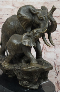 Bronze Elephant and Calf Sculpture on Marble Base by Barye