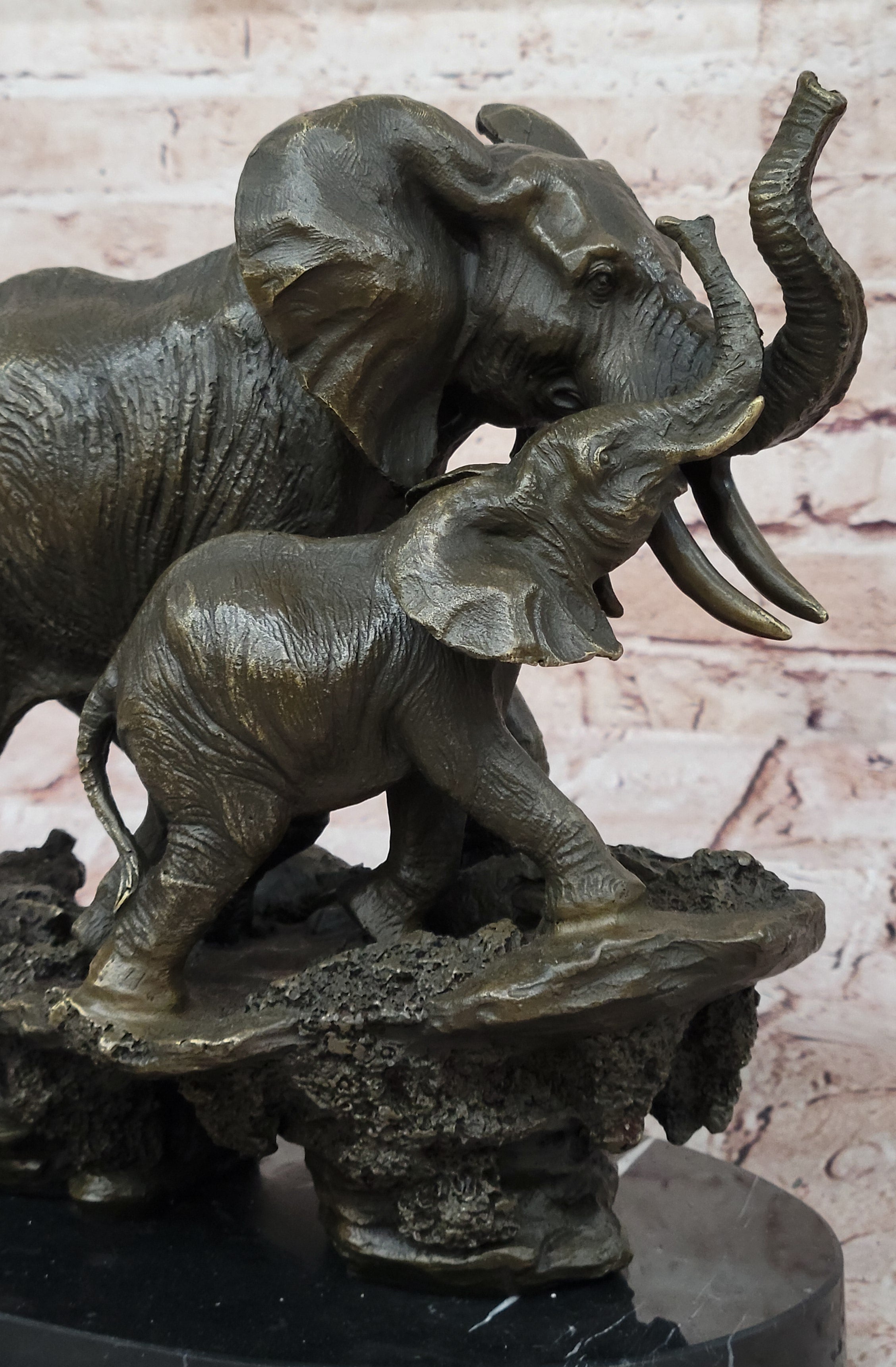 Bronze Elephant and Calf Sculpture on Marble Base by Barye