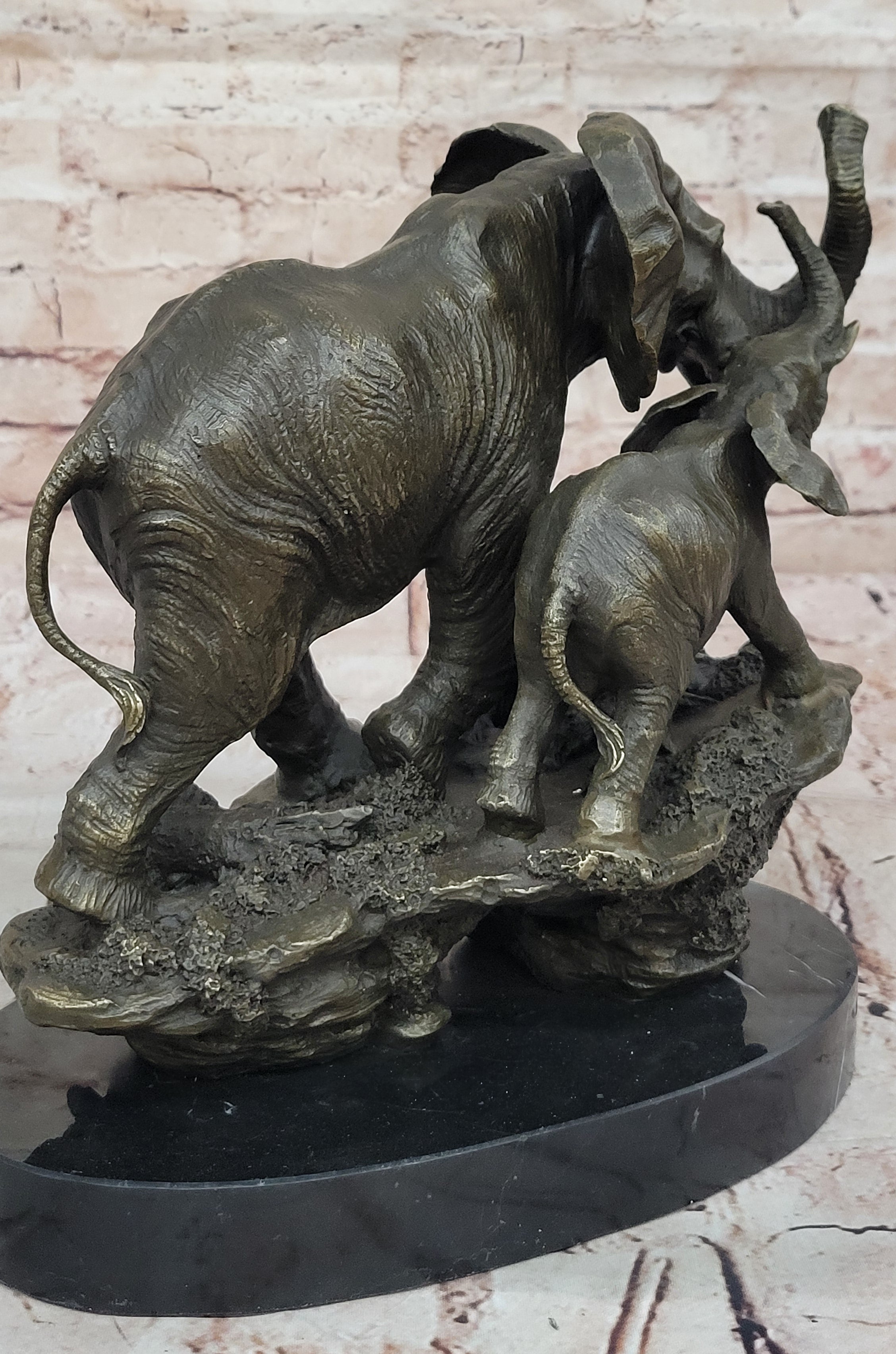 Bronze Elephant and Calf Sculpture on Marble Base by Barye